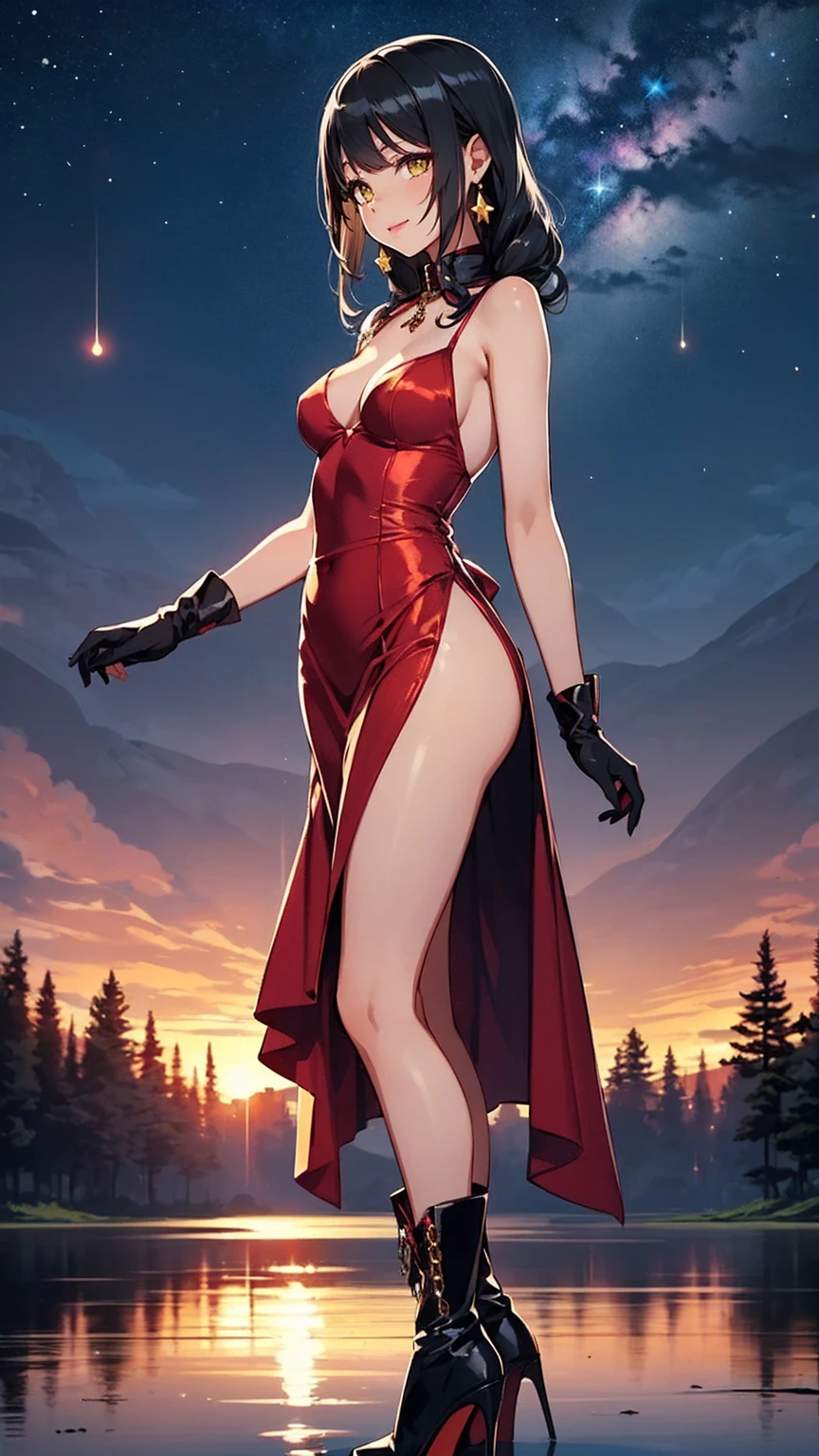 Gaki ni Modotte Yarinaoshi, (Sera's mother, Sera's mother, honey eyes, yellow eyes, elegant), Stunning outfit, ((dressed in a red satin dress with a high collar and long, high boots and stiletto heels)). She is in the water of a lake in a burning rosewood forest with a starry sky and a crescent moon. reflection. black gloves. Purple flames. Red lipstick. gold jewelry. Milky Way. fireflies, Alone, sunset, Dynamic Posture, reflection, shading, glow, vibrant colors, artistic dedication, details, Creative, medium, Black hair, tied hair, smile, ((breasts, small, side perspective, seductive look, mother))