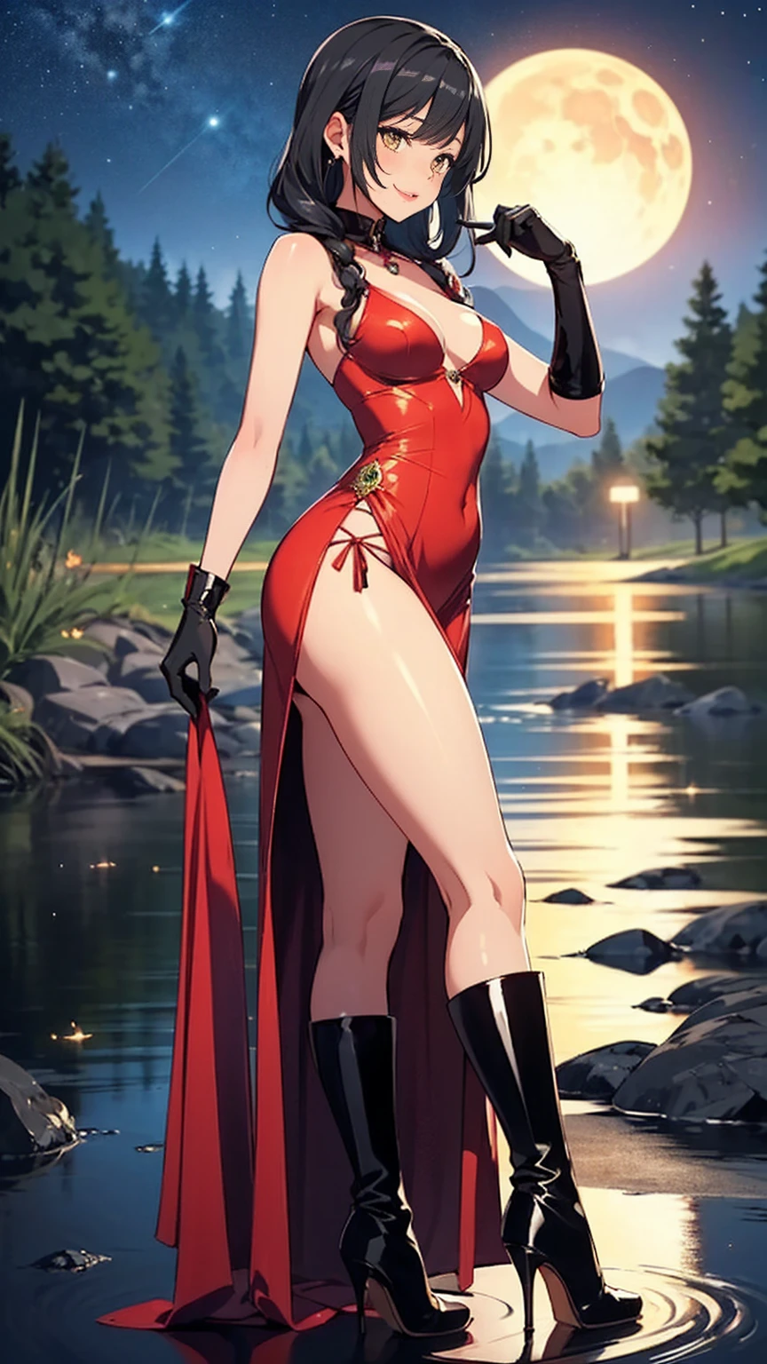 Gaki ni Modotte Yarinaoshi, (Sera's mother, Sera's mother, honey eyes, yellow eyes, elegant), Stunning outfit, ((dressed in a red satin dress with a high collar and long, high boots and stiletto heels)). She is in the water of a lake in a burning rosewood forest with a starry sky and a crescent moon. reflection. black gloves. Purple flames. Red lipstick. gold jewelry. Milky Way. fireflies, Alone, sunset, Dynamic Posture, reflection, shading, glow, vibrant colors, artistic dedication, details, Creative, medium, Black hair, tied hair, smile, ((breasts, small, side perspective, seductive look, mother))