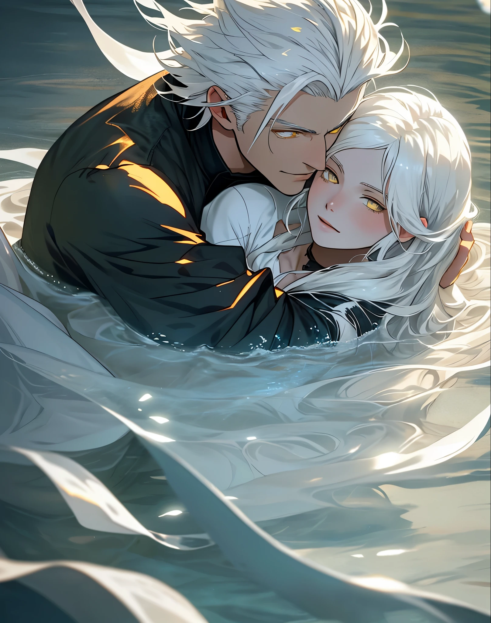 Photo of a guy with white hair and yellow eyes, High detail, Clarity, 8 SS,    A guy with white hair and a girl with dark hair lying on the water hug each other and are consumed by fire   , realism, fantasy,