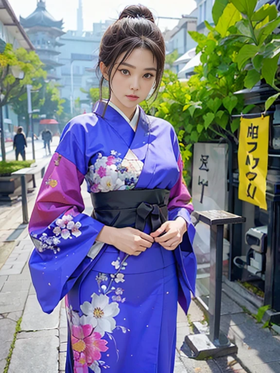 A female warrior in a kimono, without any armor. The artwork is highly detailed, showcasing the intricacies of the clothing and the hair. The background is abstract, with splashes of red, yellow, green, blue, purple, and orange paint that add a dynamic and colorful atmosphere to the composition. The image also has some Asian characters written on the top right corner. They read “ninja” in Japanese. This suggests that the figure might be a ninja, a covert agent