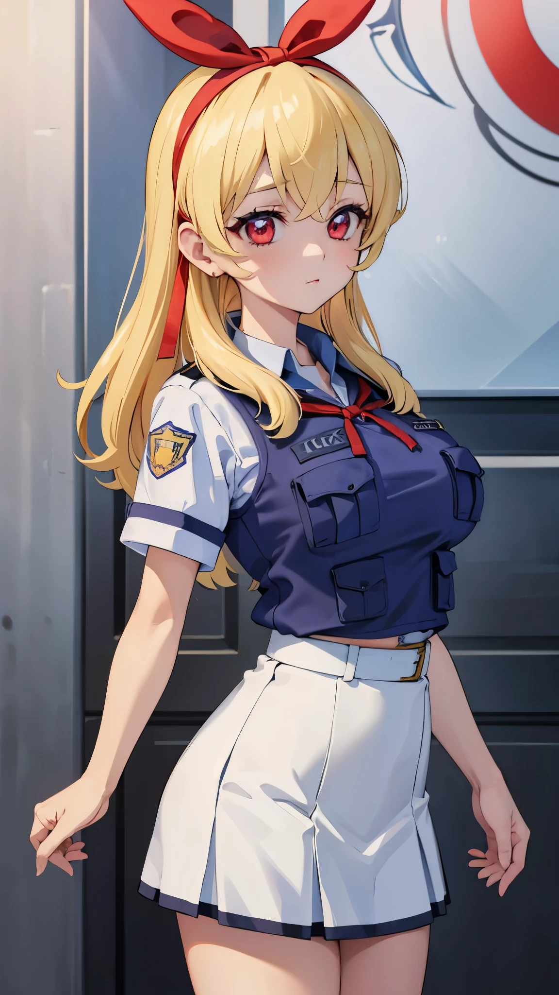 (red ribbon on hairband:1.2),masterpiece, best quality, highres, 1girl, solo, Blonde hair, RED eyes, a beautiful police woman,Highly detailed uniforms,Pencil skirt,cap,large breast,beautiful detailed eyes,beautiful,looking at viewer,upper body