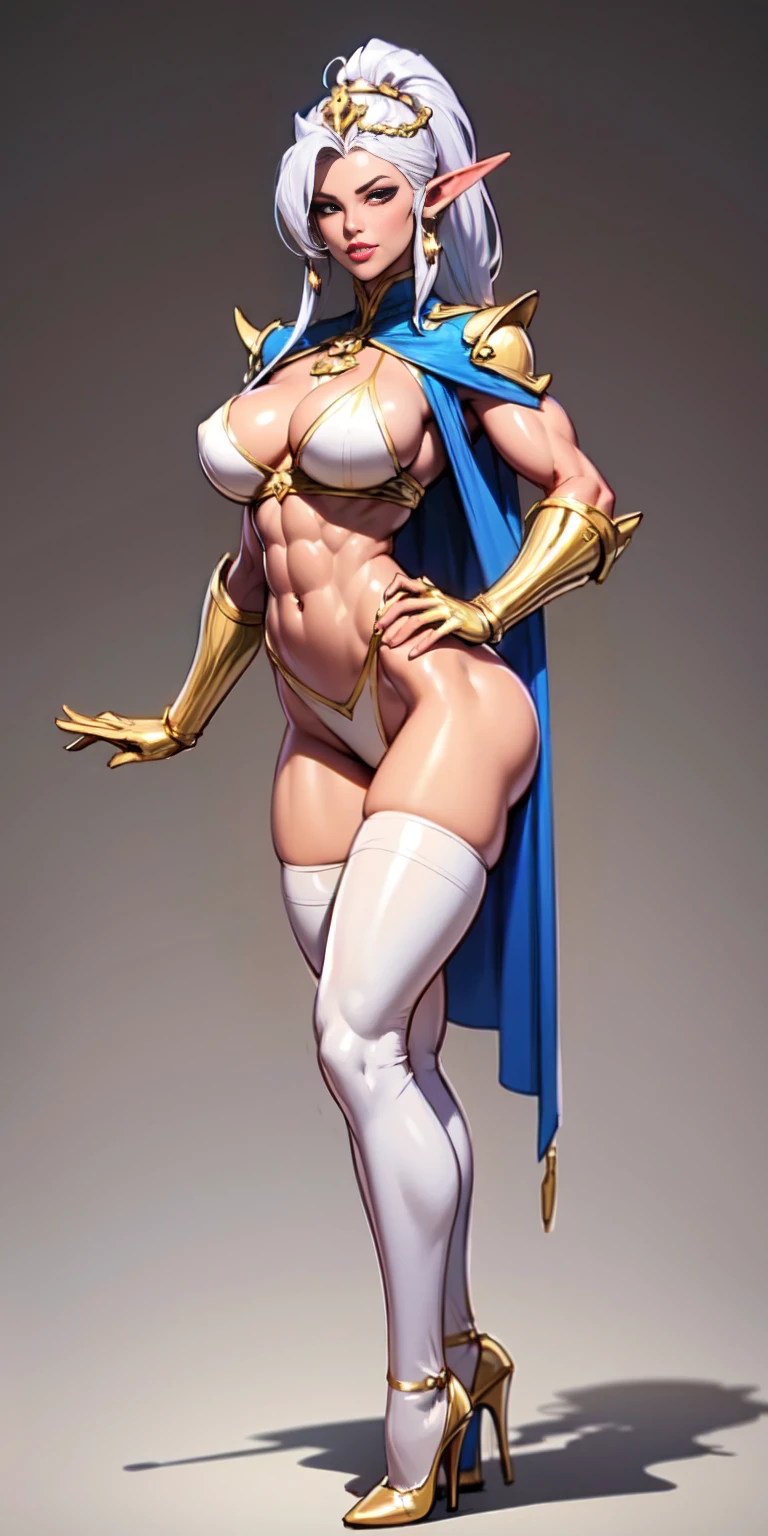 extremely long hair , ponytail, perfect anatomy 1 girl tall solo, slim thick, ((muscular)) high elf toned body, silver plate, blue cape, slendered abs, hourglass waist, detailed face, defined cheekbones, puffy , gauntlets, gold crown, shadow over eyes, looking at viewer, masterpiece, white thigh highs lingerie, high heels