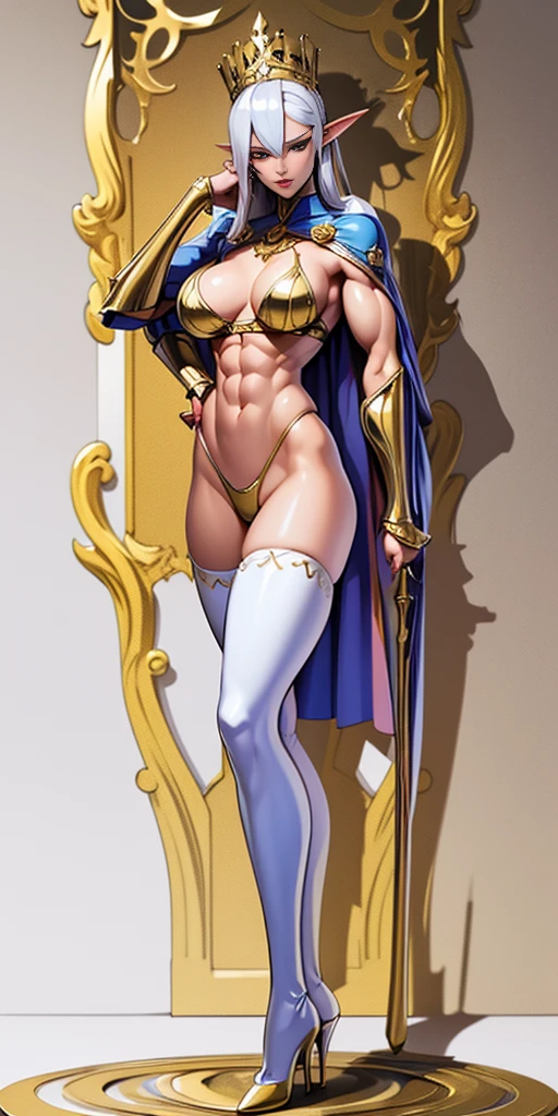 extremely long hair , ponytail, perfect anatomy 1 girl tall solo, slim thick, ((muscular)) high elf toned body, silver breast plate, blue cape, slendered abs, hourglass waist, detailed face, defined cheekbones, puffy lips, gauntlets, gold crown, shadow over eyes, looking at viewer, masterpiece, white thigh highs lingerie, high heels