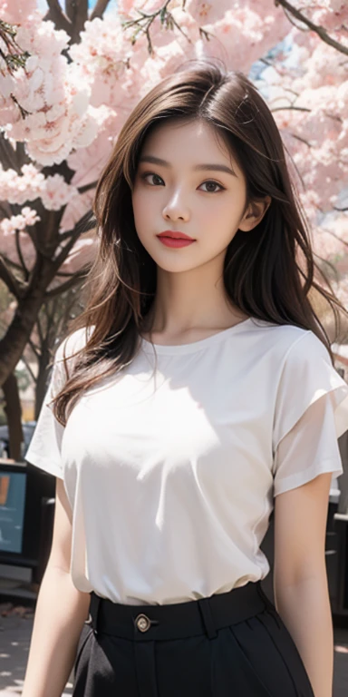 8 thousand, masterpiece, RAW photos, best quality, realistic, extremely detailed CG unity 8 thousand wallpaper, depth of field, cinematic light, lens flare, ray tracing, (an exceptionally beautiful face, beautiful lips, beautiful eyes), A face with intricate details, ((highly detailed skin)) 1 woman, in the dark, deep shadows, pretty asian girl, 1 girl, (very slim slender fit-muscled body:1.3), ((looking at viewer)),(big smile:1.3), clear eyes, walking , Frontal shots, (pale skin), (big eyes), run forward, (brown hair), ((Short running pants)), (looking at viewer:1.3) very slim, big bust, trail vest, (Ultra Mini), (afternoon), glimmering, cherry blossom background, street, building, tree, full body shot, (open chest), short sleeve, long hair, see through