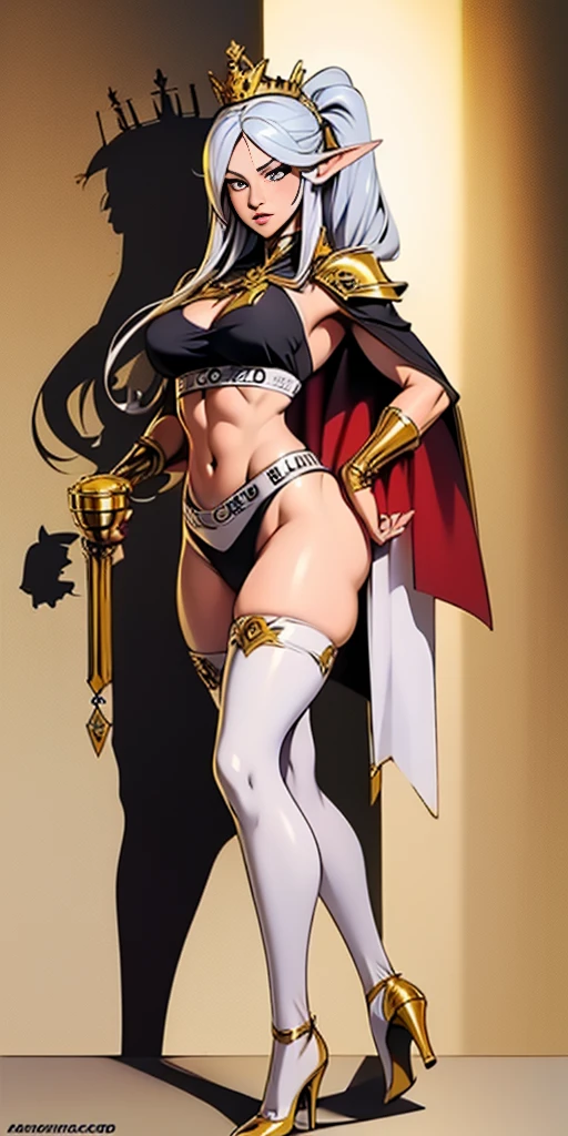 extremely long hair , ponytail, perfect anatomy 1 girl tall solo, slim thick, ((muscular)) high elf toned body, silver breast plate, blue cape, slendered abs, hourglass waist, detailed face, defined cheekbones, puffy lips, gauntlets, gold crown, shadow over eyes, looking at viewer, masterpiece, white thigh highs lingerie, high heels