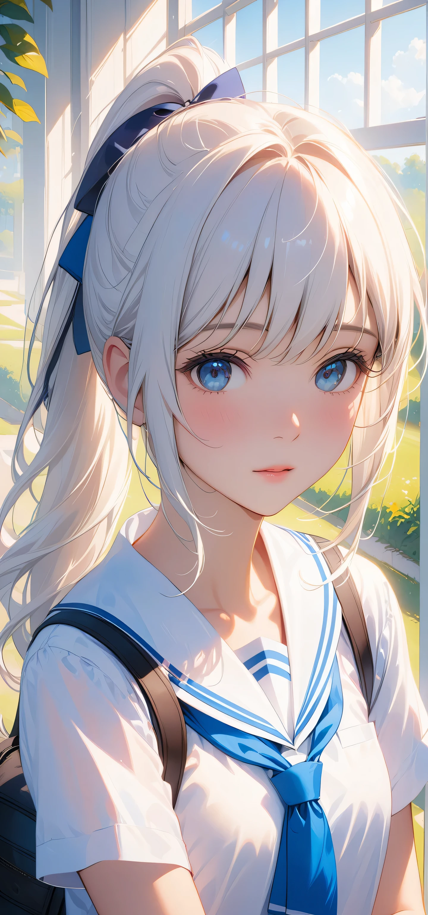 masterpiece, top quality, Super details, 8K, Detail lights, Detailed shadows, raw, (delicate skin), (real: 1.2),, 1 girl, white hair,side ponytail, short sleeve school uniform,Eye close-up,in the school,flat chest,
