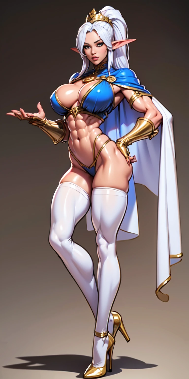 extremely long hair , ponytail, perfect anatomy 1 girl tall solo, slim thick, ((muscular)) high elf toned body, silver breast plate, blue cape, slendered abs, hourglass waist, detailed face, defined cheekbones, puffy lips, gauntlets, gold crown, shadow over eyes, looking at viewer, masterpiece, white thigh highs lingerie, high heels