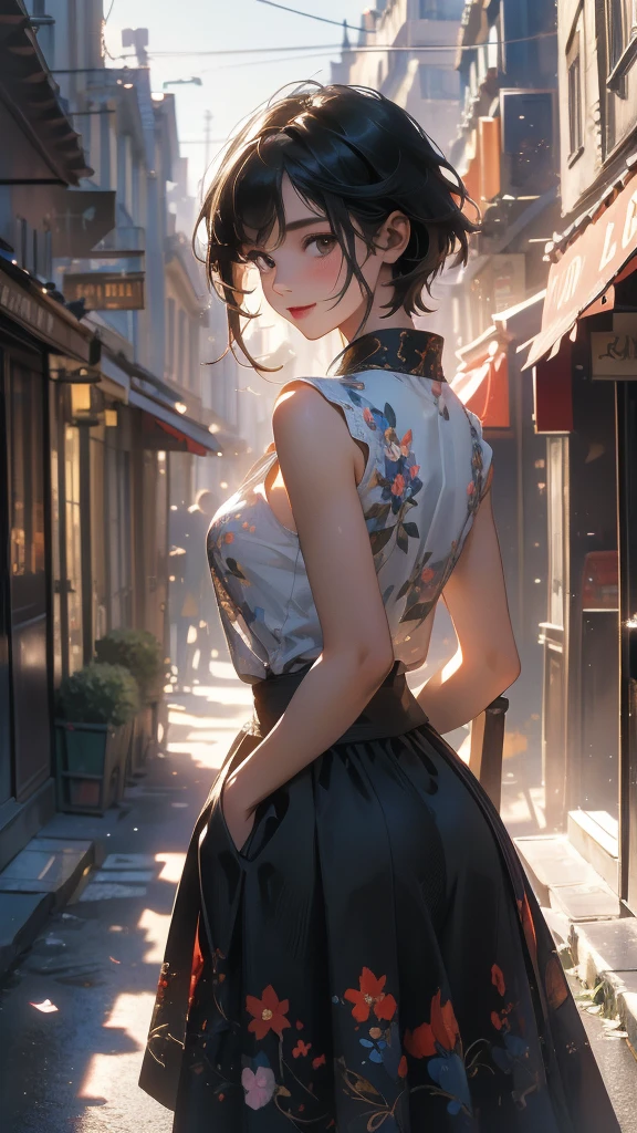 (Highly detailed CG unit 8k wallpaper, masterpiece, High resolution, highest quality, natural skin texture), Composition from head to stomach:1.5, (20 year old woman, Hands in pockets pose:1.3, smile, detailed eyes, gradient eyes), (Stalgic Fashion, detailed costume, fine embroidery, sleeveless shirt, Asymmetrical short hair:1.2), (Backstreets of Paris:1.3, Colourful flower beds along the road, cinematic lighting), high contrast, hyper realistic, digital painting, concept art,