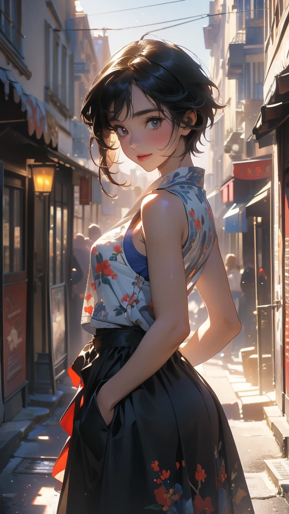 (Highly detailed CG unit 8k wallpaper, masterpiece, High resolution, highest quality, natural skin texture), Composition from head to stomach:1.5, (20 year old woman, Hands in pockets pose:1.3, smile, detailed eyes, gradient eyes), (Stalgic Fashion, detailed costume, fine embroidery, sleeveless shirt, Asymmetrical short hair:1.2), (Backstreets of Paris:1.3, Colourful flower beds along the road, cinematic lighting), high contrast, hyper realistic, digital painting, concept art,