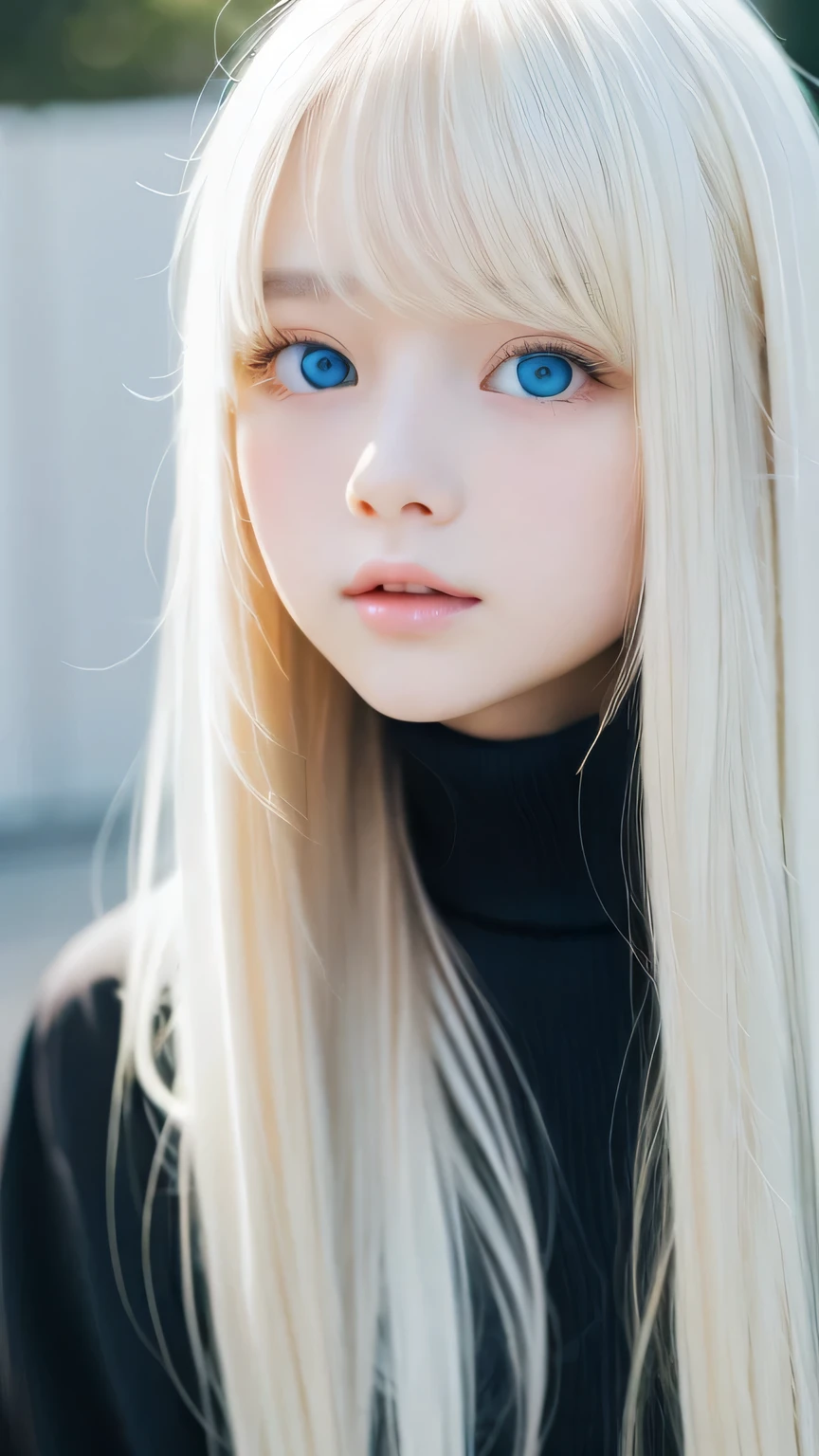 A very beautiful albino girl、Windy blonde hair clinging to a very beautiful face、Beautiful bright pale sky blue eyes hidden in hair、white glossy skin、Beautiful super long shiny silky super long blonde hair、beautiful bangs、sexy 18 year old very beautiful woman、unparalleled beauty、cheek gloss、beautiful skin、small face beauty、eyeliner、hair over eyes、hair over one eye、hair between eyes、