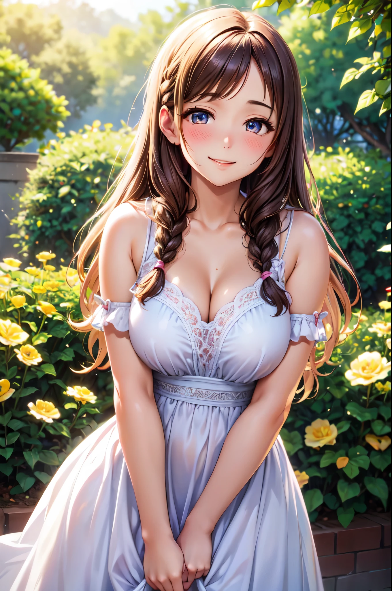 (High quality, High resolution, Fine details), standing in a blooming garden, soft sunlight, colorful dress, solo, curvy women, Braided hair, sparkling eyes, (Detailed eyes:1.2), smile, blush, Sweat, Oily skin, Soft tones, shallow depth of field