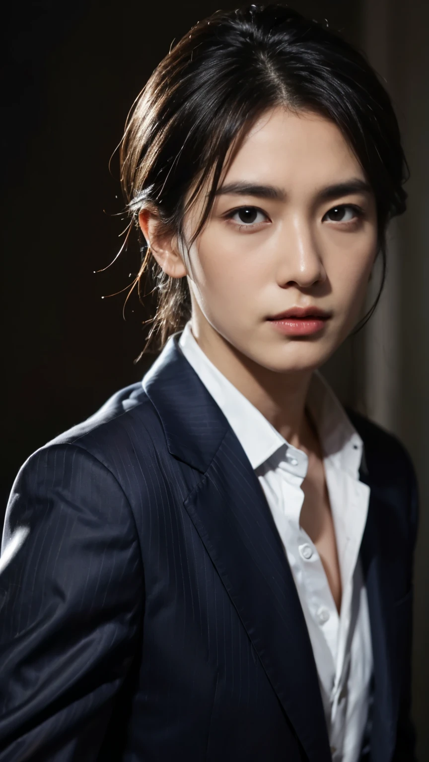 (Highly detailed CG Unity 8k wallpaper, best quality, super detailed, look at camera:1.2, The light shines on your face:1.5, professional lighting),{{{middle aged male}}}, 42 years old, Japanese nationality, Soft light shines on the face, upper body shot, Realistic high-resolution images. hair: Slightly wavy, Salt and pepper black, Neat style. Face: Oval outline, Gentle Arched Eyebrows, Deep sunken eyes, straight nose bridge, Medium full lips. full outfit: Crisp White Dress Shirt, Navy blue blazer, Subtle pinstripe pattern, top button canceled, no tie. imperfections: There is a slight scar on the left cheek, Crow's feet on the eyes