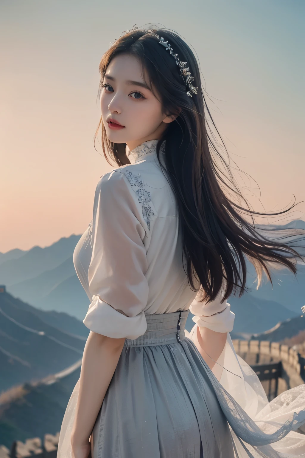 1 girl, on the Great Wall of China,Telegraph slang, Exquisite eyes,beautiful and delicate lips,very detailed 눈과 얼굴,long eyelashes, enchanted scenery,(best quality,4K,8 thousand,high resolution,masterpiece:1.2),very detailed,(realistic,realistic,realistic:1.37), sexy dress, skirt