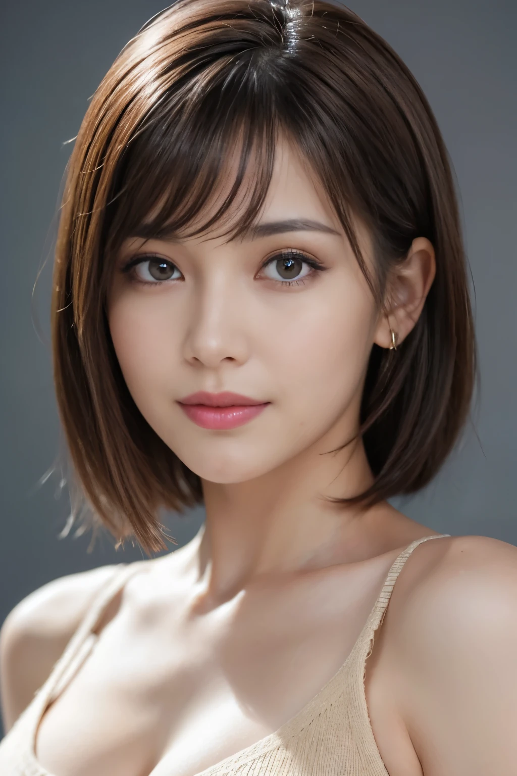 1 beautiful woman, photorealistic, ultra detailed, high resolution, 8K wallpaper, light brown hair, South Sea beach, sexy and bold swimsuit, cute big ass, sharp focus, perfect dynamic composition, realistic and finely drawn beautiful eyes, finely drawn hair, fine and realistic skin texture, smiling, close-up portrait, model body shape, (Representative Works: 1.3), (8k, photorealistic, raw photos, Highest image quality: 1.4), (30 years old mature woman),small face, beautiful face, (realistic face),no makeup、natural makeup、light makeup、 (Dark brown, short hair: 1.3), beautiful hairstyle, realistic eyes, beautiful detailed eyes, (Photorealistic skin), beautiful skin, (sweater),、Bust B Cup、 disorganized, Charm, 超High definition, Super realistic, High definition, golden ratio, FF Tifa、Gray background、
