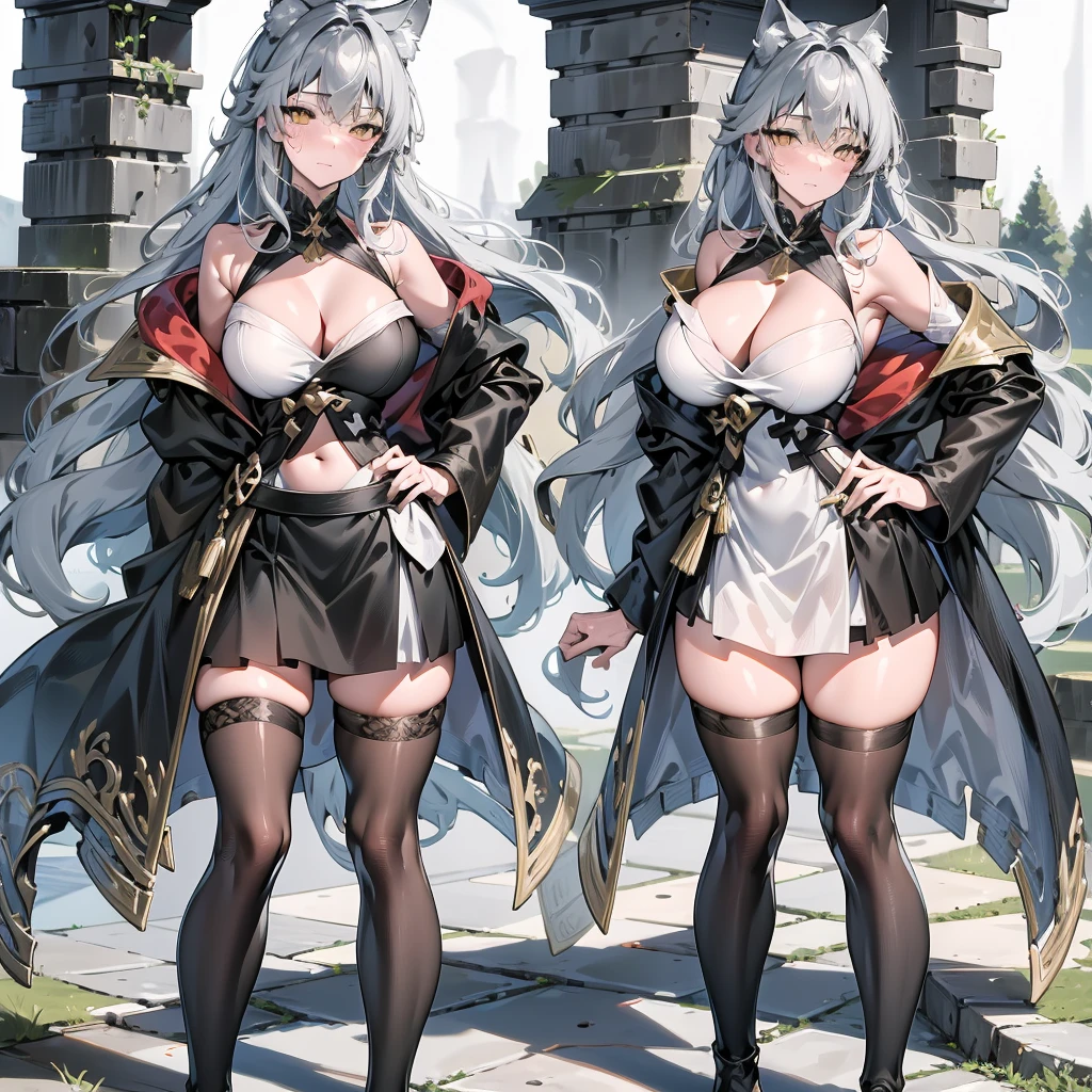 Only one girl, full body portrait, masterpiece, 4k, wallpaper, highlydetailed face, ultra-detailed face, solo (1woman), voluptuous, big breasts, curvy, long hair, gray-silver hair, young woman, wolf woman, wolf ears, long wolf tail, beautiful, enchanting, bright yellow eyes, detailed eyes, ultra-detailed eyes, elegant, small vertical scar under right eye, small rosy lips, big breasts, slender elegant arms, pretty hands, detailed hands, charming, slight blush, smug smile, black stylish shorts and top outfit, detached sleeves, light black armor, armored skirt, black armored coat, bare off shoulders, toned abs, exposed belly, standing pose, hands on hips pose, full moon on the background