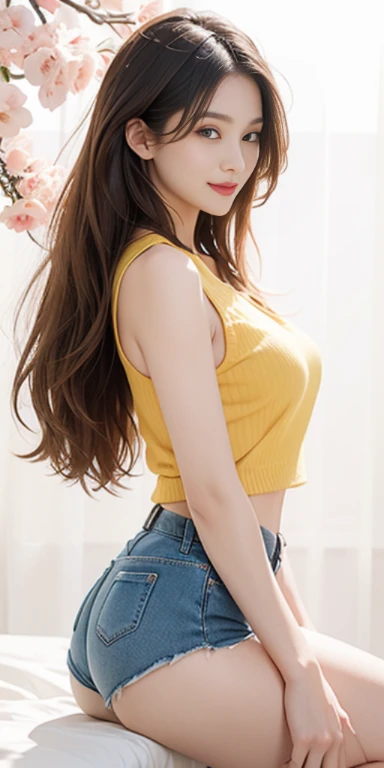 ((whole body)), ((from the side)), ((run through the park)), ((realistic)), 1 girl, looking at viewer, detailed scene, straight hair, air bang, beautiful hair accessories, brownish yellow hair, ((tank top, sleeveless, big bust)), (Campus Style), warm lighting, warm color palette, More details, very detailed, (masterpiece, best quality), (Very detailed and beautiful work), simple blurred background, extreme detail description, Ultra-fine painting, delicate face, slim body, (smile, tooth exposure), (anatomy correct), Cherry Blossom, thin waist, Long, slender legs