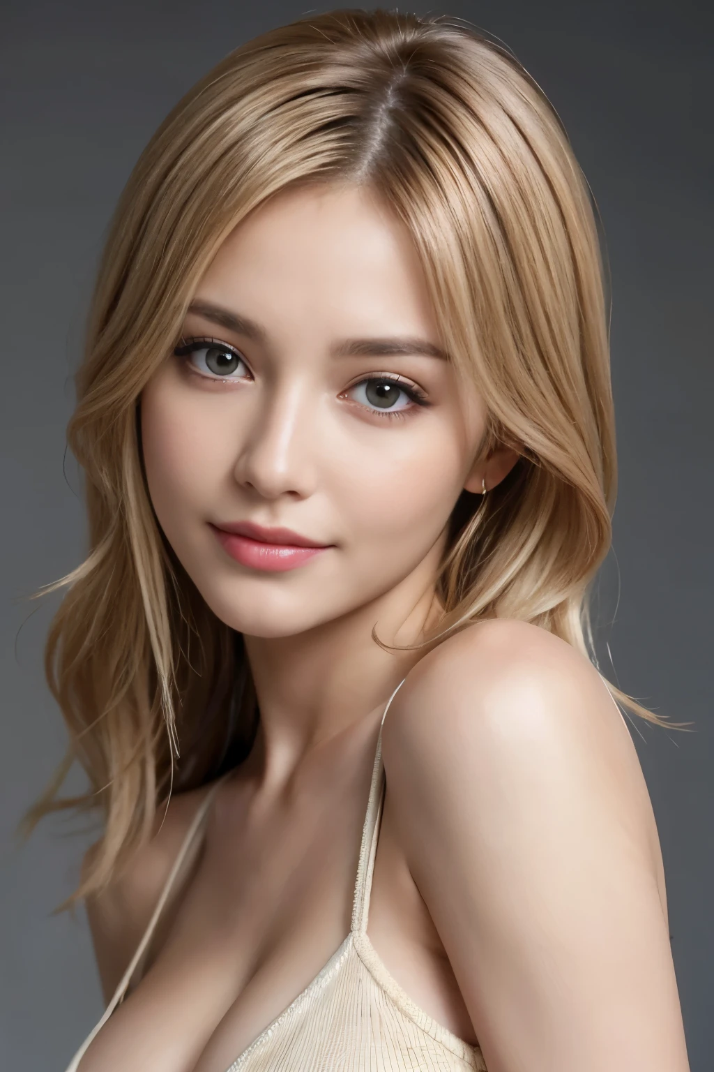1 beautiful woman, photorealistic, ultra detailed, high resolution, 8K wallpaper, light brown hair, South Sea beach, sexy and bold swimsuit, cute big ass, sharp focus, perfect dynamic composition, realistic and finely drawn beautiful eyes, finely drawn hair, fine and realistic skin texture, smiling, close-up portrait, model body shape, (Representative Works: 1.3), (8k, photorealistic, raw photos, Highest image quality: 1.4), (30 years old mature woman),small face, beautiful face, (realistic face),no makeup、natural makeup、light makeup、 (Dark brown, short hair: 1.3), beautiful hairstyle, realistic eyes, beautiful detailed eyes, (Photorealistic skin), beautiful skin, (sweater),、Bust B Cup、 disorganized, Charm, 超High definition, Super realistic, High definition, golden ratio, FF Tifa、Gray background、Close-up of a woman with long blond hair and white top, Beautiful blonde woman, Beautiful blonde girl, photo of a beautiful woman, Blonde Frau, , Sexy Gesicht, Blond, Anna Nikonova alias Newmilky, gorgeous woman, a beautiful blonde, beautiful model girl, gorgeous beautiful woman, with long blonde hair, breathtaking beauty, waist up, large breasts, adult woman, topless