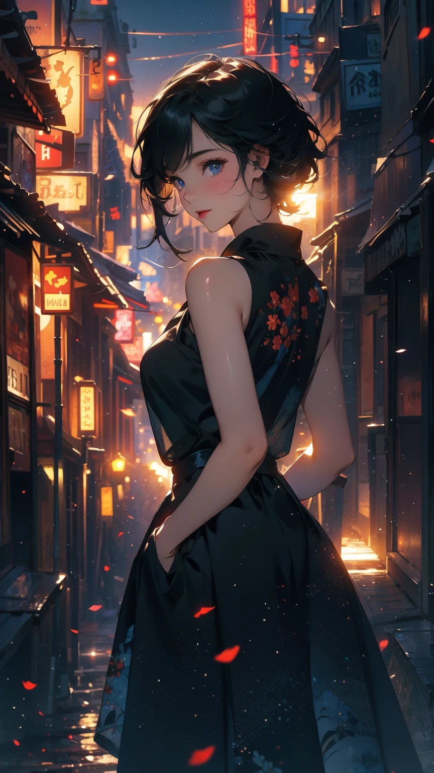 (Highly detailed CG unit 8k wallpaper, masterpiece, High resolution, highest quality, natural skin texture), Composition from head to stomach:1.5, (20 year old woman, Hands in pockets pose:1.3, smile, detailed eyes, gradient eyes), (Stalgic Fashion, detailed costume, fine embroidery, sleeveless shirt, Asymmetrical short hair:1.2), (Backstreets of Paris:1.3, Colourful flower beds along the road, cinematic lighting), high contrast, hyper realistic, digital painting, concept art,