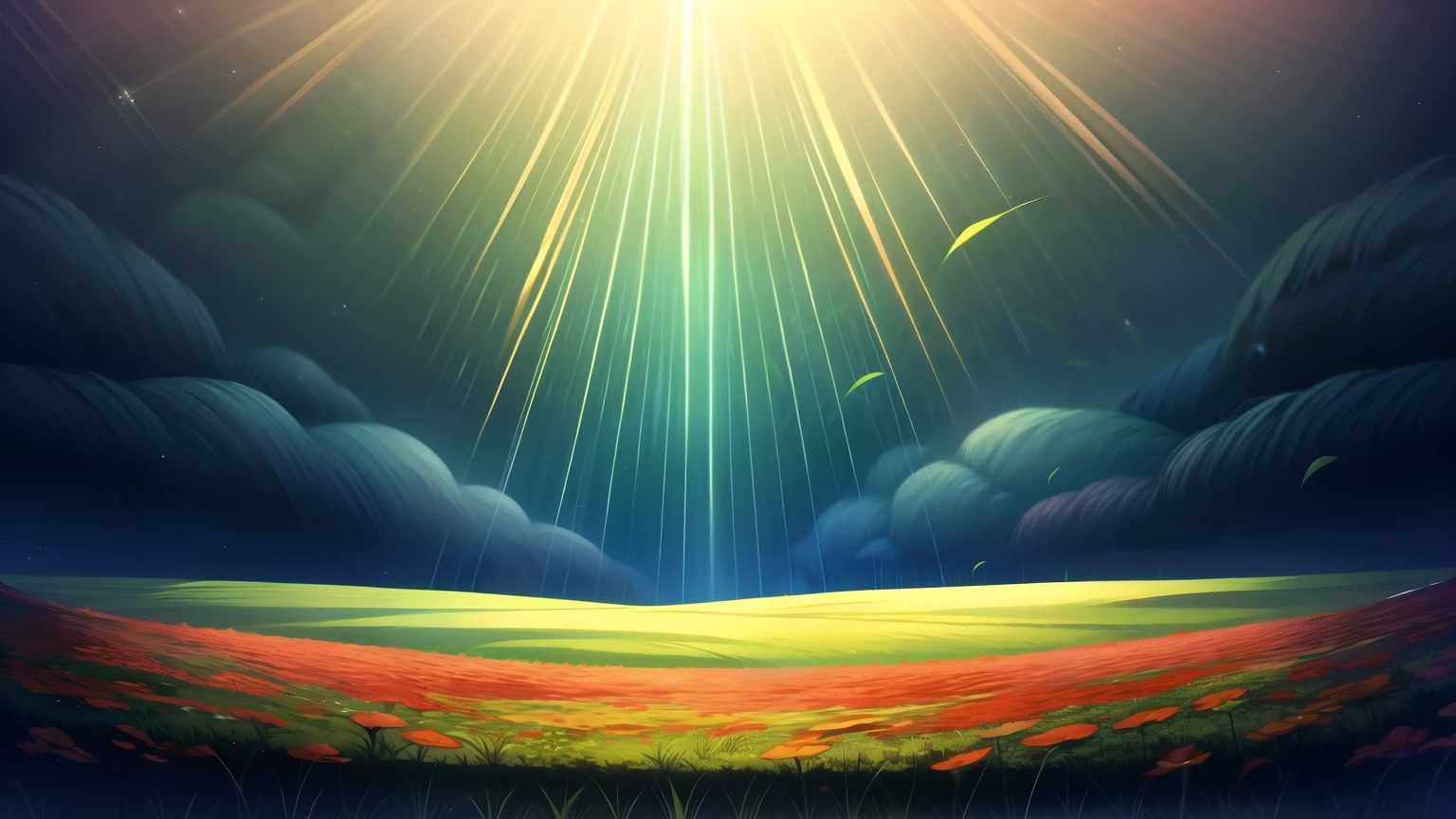 create an image of a green background of leaves, grass, flowers, without white spaces, all filled with grass and leaves, com uma linda garota dormindo em uma cama