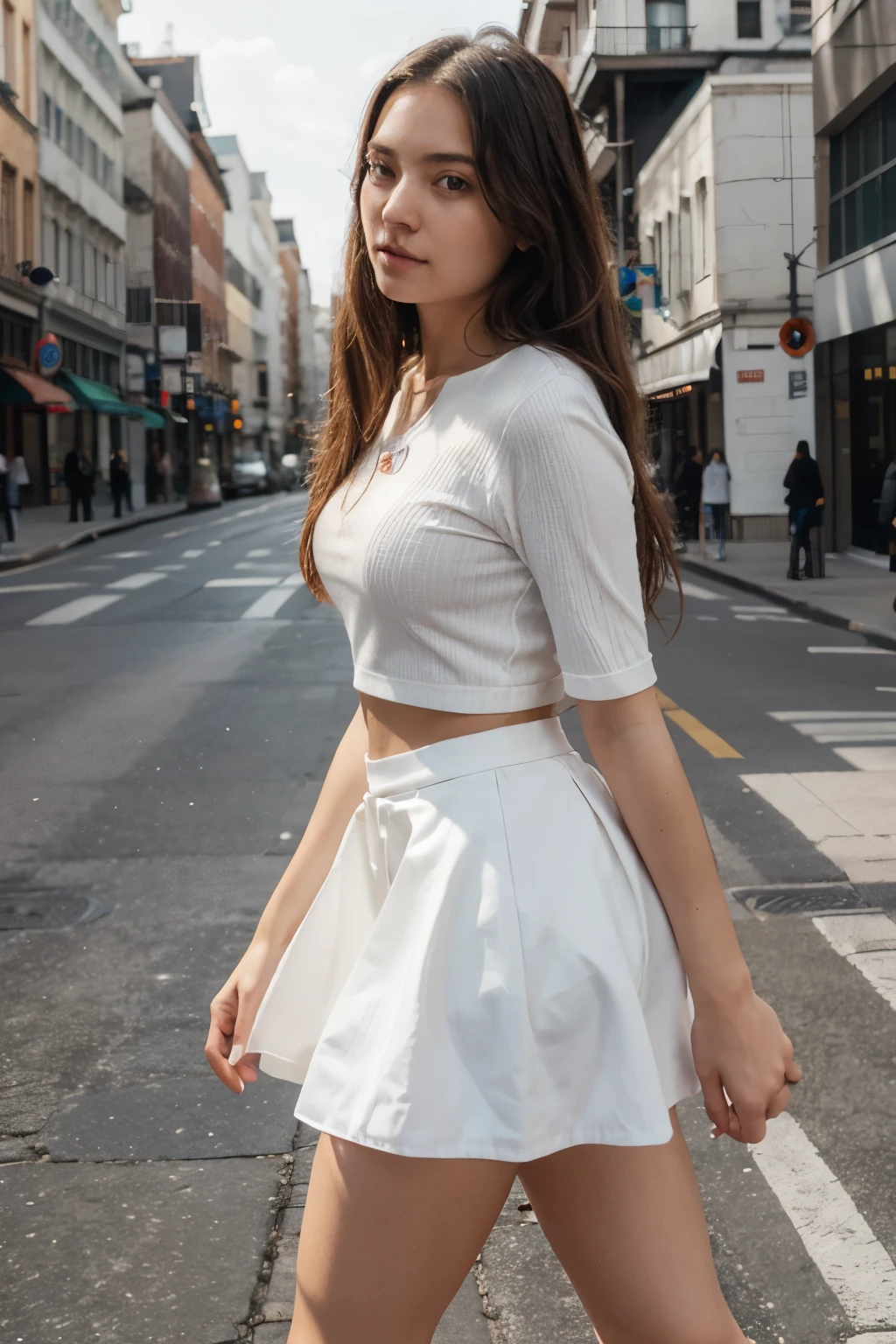 (Extremely detailed CG:1.2), (Masterpiece:1.2), (The best quality:1.2),,((absurdities)),looking at the viewer,whole body, ,(1girl),only,(long hair),,(white short sleeve shirt),(MARINA_blue pleated skirt),(long skirt),Dynamic Angle,Standing,dynamic pose,((Delicate facial features)),(blue eyes)