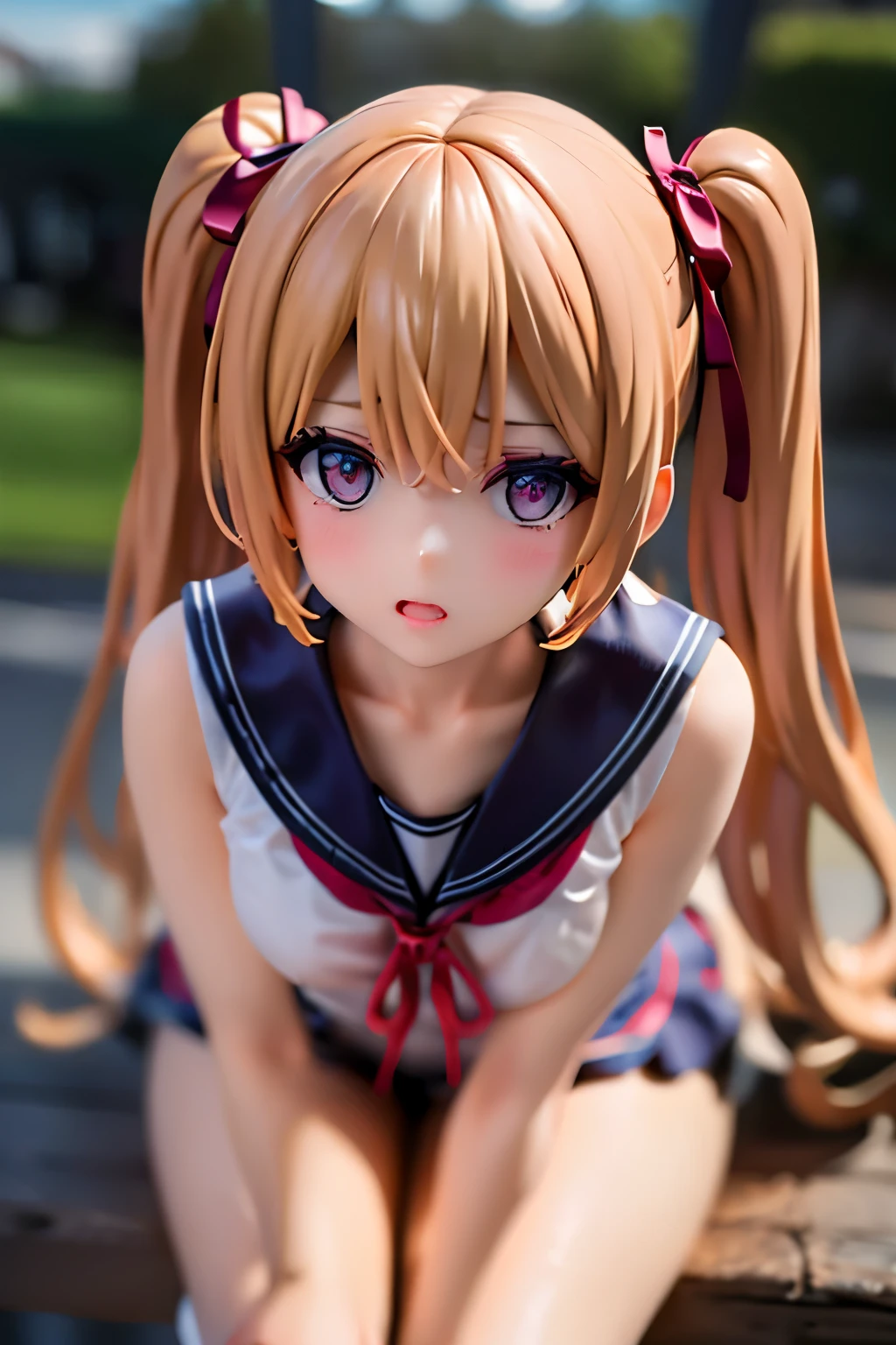 A girl looks at me, sailor suit, red ribbon, tan, blonde, twintails, loose socks, looking sideways, looking up, surprised expression, masterpiece, detailed eyes, foundation, eye shadow, pink lipstick, brightening her cheeks, Hokkaido scenery, blurred background