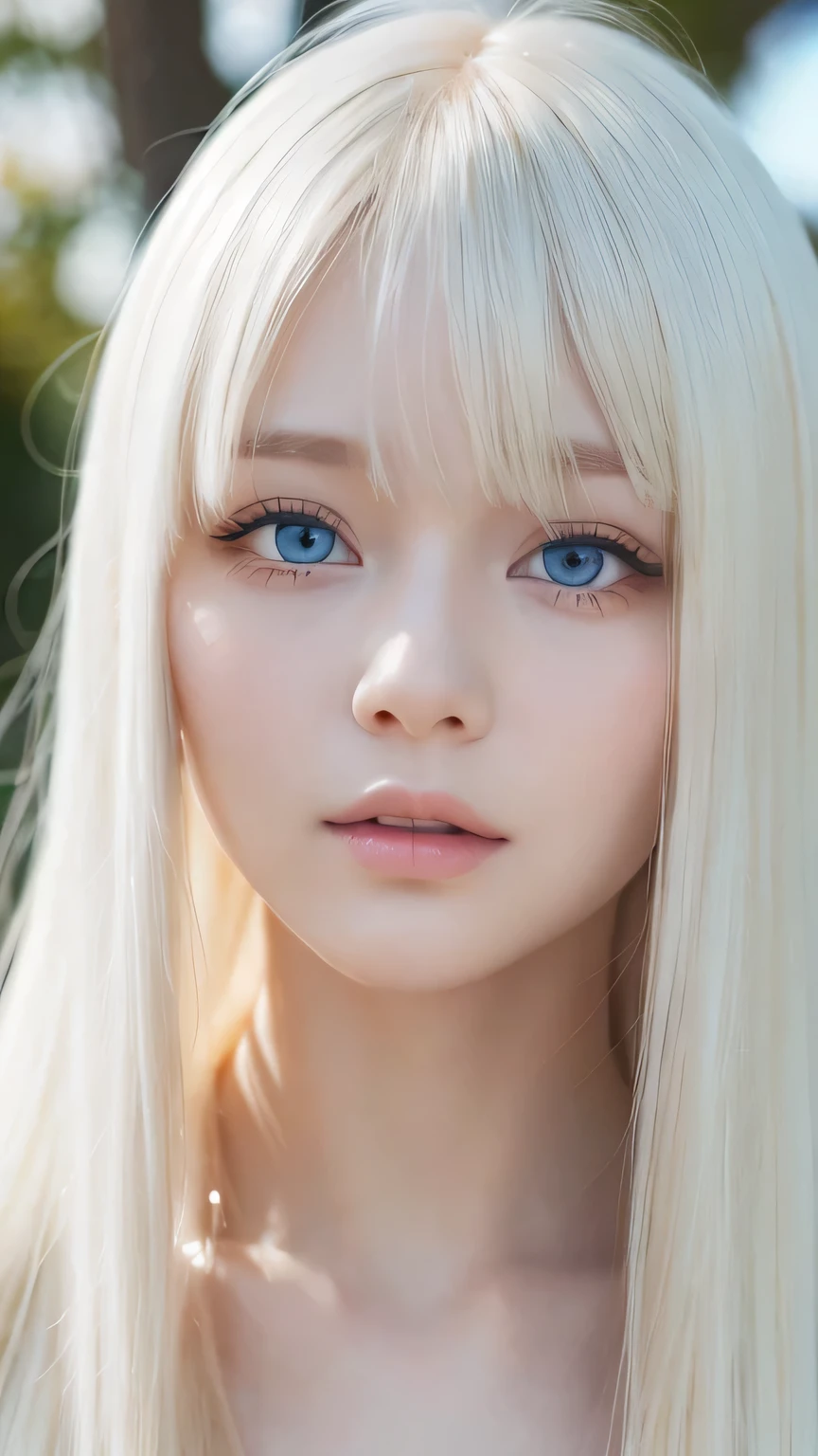 A very beautiful albino girl、Windy blonde hair clinging to a very beautiful face、Beautiful bright pale sky blue eyes hidden in hair、white glossy skin、Beautiful super long shiny silky super long blonde hair、beautiful bangs、sexy 18 year old very beautiful woman、unparalleled beauty、cheek gloss、beautiful skin、small face beauty、eyeliner、hair over eyes、hair over one eye、hair between eyes、