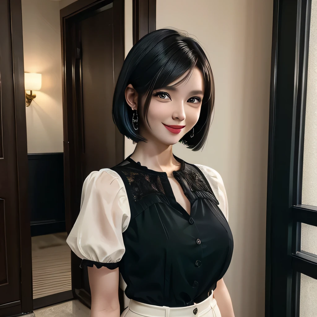 A 25 years old american caucasian woman with a cheerful smile, sporting a black bob haircut. She is dressed in a short-sleeved, formal blouse paired with tailored trousers and high heels. Her earrings are small and discreet, complementing her small nose. 