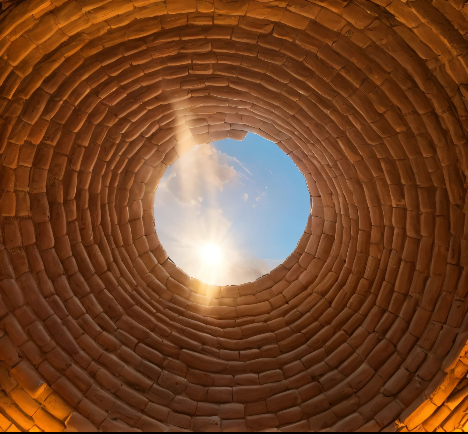 arafed brick structure with a round window in the middle, view from bottom to top, chimney, inside a dome, rounded ceiling, view from inside, volumetric light from below, view from below, seen from below, view up, looking at the ceiling, shafts of sunlight in the centre, light from top, bricks flying outwards, shot from below