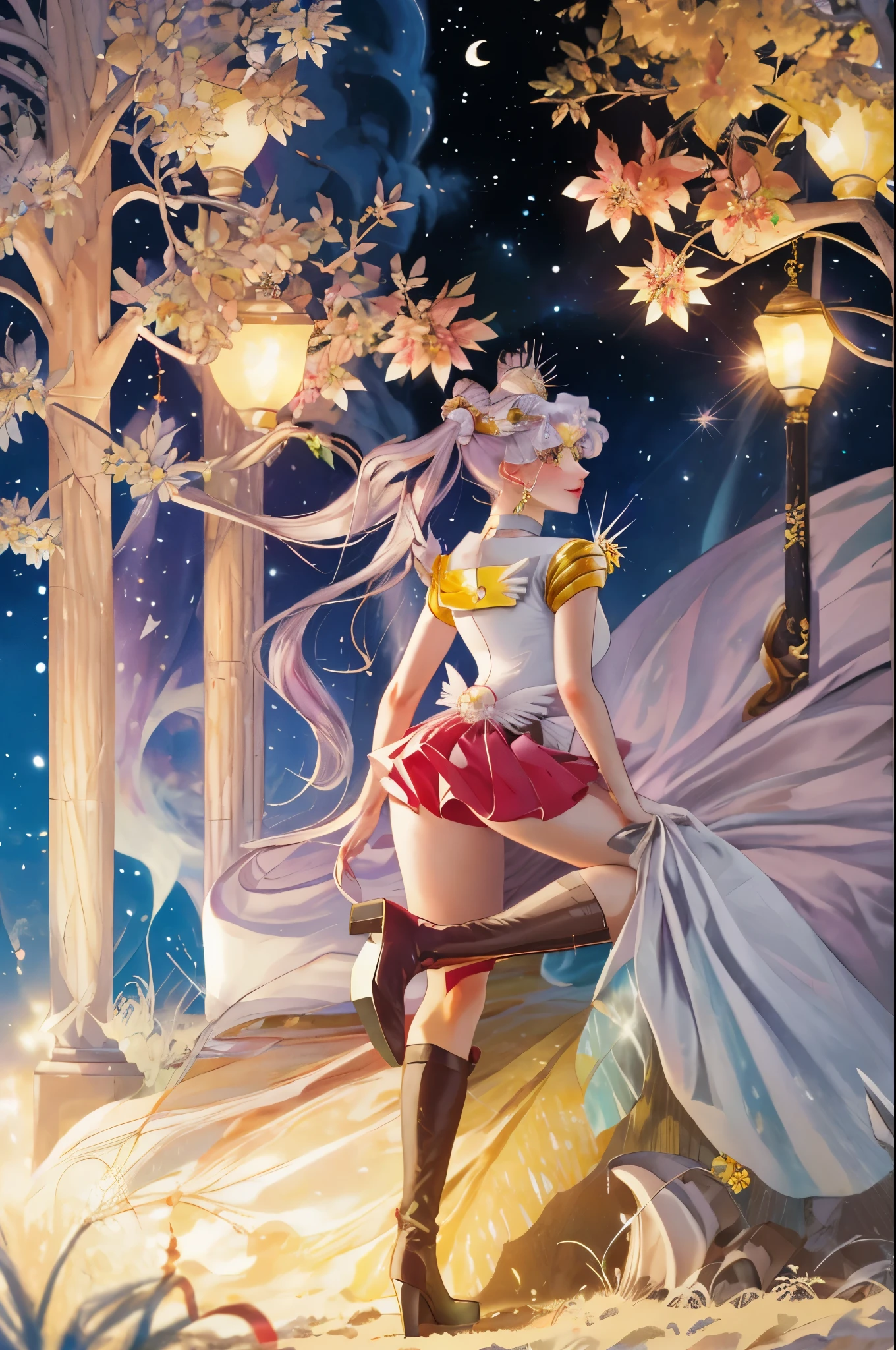 masterpiece, best quality, (1girl), supersailormoon, detailed face, happy, face focus, cowboy shot, nigh sky, moonlight, moon, sakura trees, city at night, white gloves, detailed eyes, detailed face, galaxy background, detailed background, multicolored clothes, sailor senshi uniform, multicolored skirt, hair ornament, red bow, brooch, heart brooch, earrings, crescent, heart choker, heart, miniskirt, very long hair, back bow, crescent earrings, tiara, yellow choker, boots, knee boots, red footwear