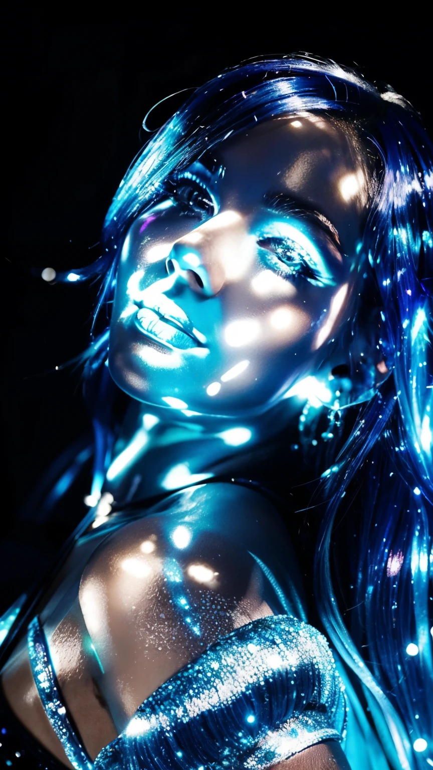 Picture prompt: A close up of a woman with blue hair and a flower in her hair, her makeup radiant and intricately detailed in Unreal Engine. Her skin is wet and shimmering, slightly tanned, showing every pore and curve in high definition.
Imagine a captivating scene where the Woman of the Ocean gazes out from the image, her eyes framed by long, sweeping lashes that catch the light in a thousand glistening beads. Her blue hair cascades around her face like a living wave, shimmering under the holographic lights that reflect off the wet, shiny strands. Her makeup glows, each line and shade highlighted by the Unreal
