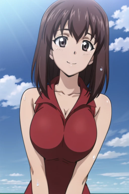 (anime cels style, best quality, high resolution, megami magazine, anime poster style, sharp, photorealistic), (beautiful eyes:1.2), kondou_taeko, Girls und Panzer, 1girl, solo, smile, gray eyes, brown medium hair, hair intakes, red headband, (sagging huge breast), (wet, Volleyball uniform:1.2, sleeveless), (upper body, standing), (perfect detailed anatomy, beautiful face, perfect body, perfect arms, shiny skin), sunshine, bluesky, kimutaka