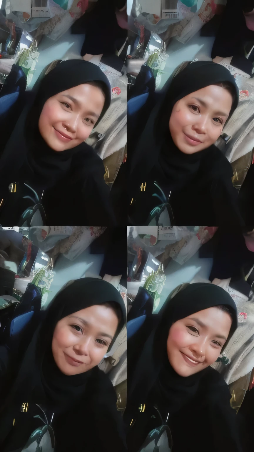 there are many pictures of a woman with a black scarf, with accurate face, with kind face, postprocessed), ☁🌪🌙👩🏾, potrait, inspired by Naza, selfie photo, with funny feeling, old picture, panting, close up potrait, desaturated!!, friedly smile, face picture, picture, happy expression