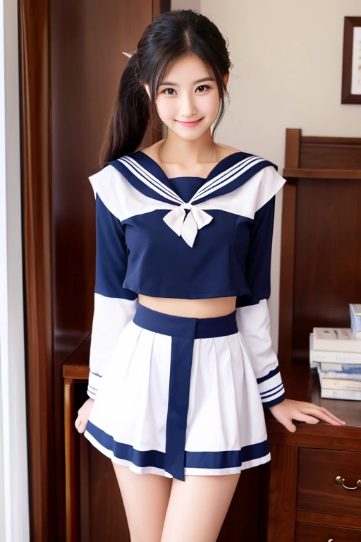 beautiful japanese girl JC younger sister Shyness Glossy black ponytail white skin tight chest full body image navy sailor suit Honors Type After coming home from school, I changed clothes and took them off one by one until I was naked.