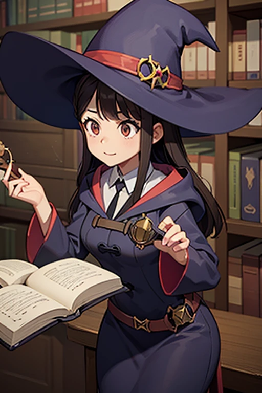 A black haired female witch with brown eyes with an hourglass figure in a conservative witch's uniform is  picking out a spell book from the library
