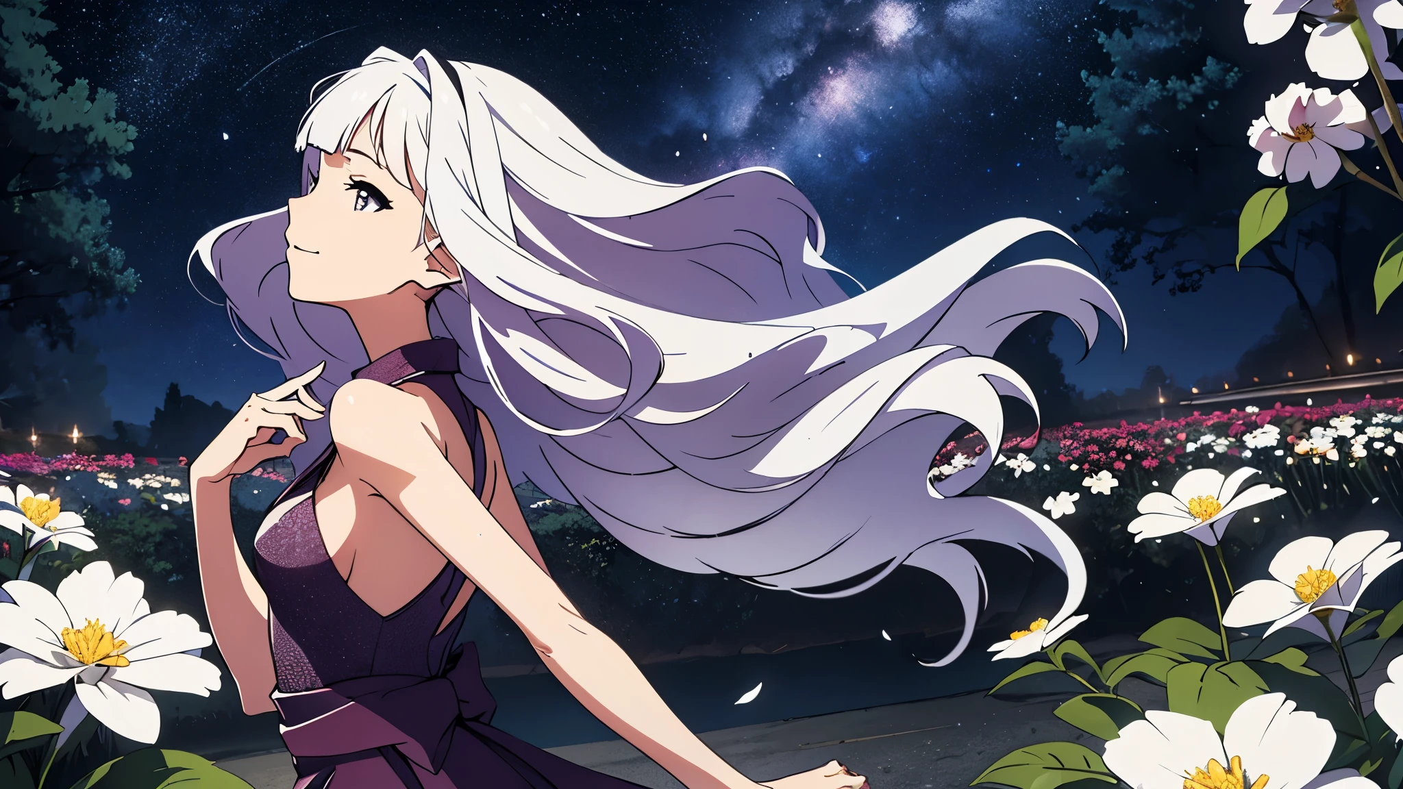 CG, unity, 8k, wallpaper, highest quality, masterpiece, best lighting, complex textile, detailed background, Spectacular starry sky with the Milky Way visible, nebula, night, Effect of dancing petals, vast flower garden, quiet flower garden, nothing artificial, (white flowers: 1.5), BREAK, beautiful woman, long white hair, white skin, BREAK, sleeveless dress, Rear view looking up at the sky, a little far away, beautiful