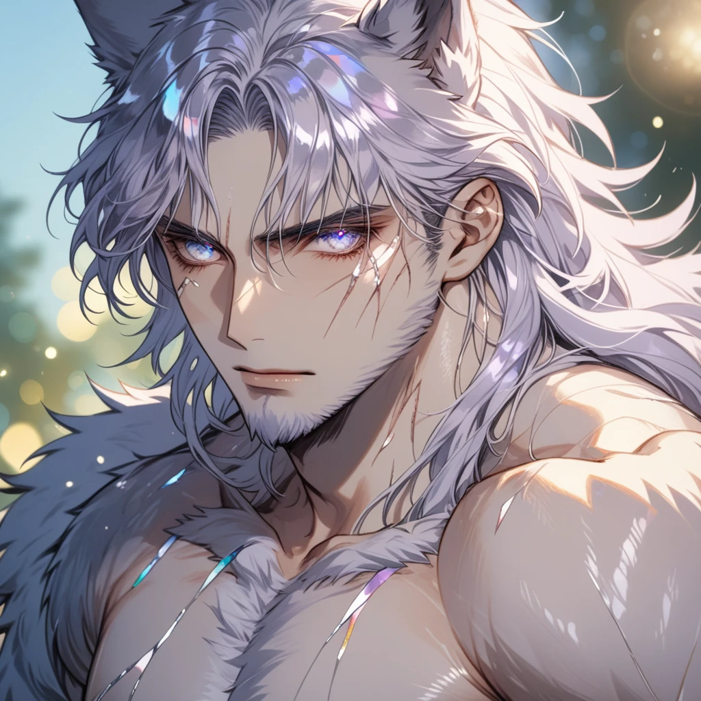 ((1man)), a desperate and sad wolf man in a park, handsome face, body is broken with scars, standing proudly, 8K, (dynamic perspective), sharp focus, (depth of field, bokeh:1.3), extremely detailed eyes and face, beautiful detailed eyes, cinematic lighting, reflective transparent iridescent opaque skin, long transparent iridescent opaque hair, ((masterpiece, best quality)), from above, upper body, navel, muscular