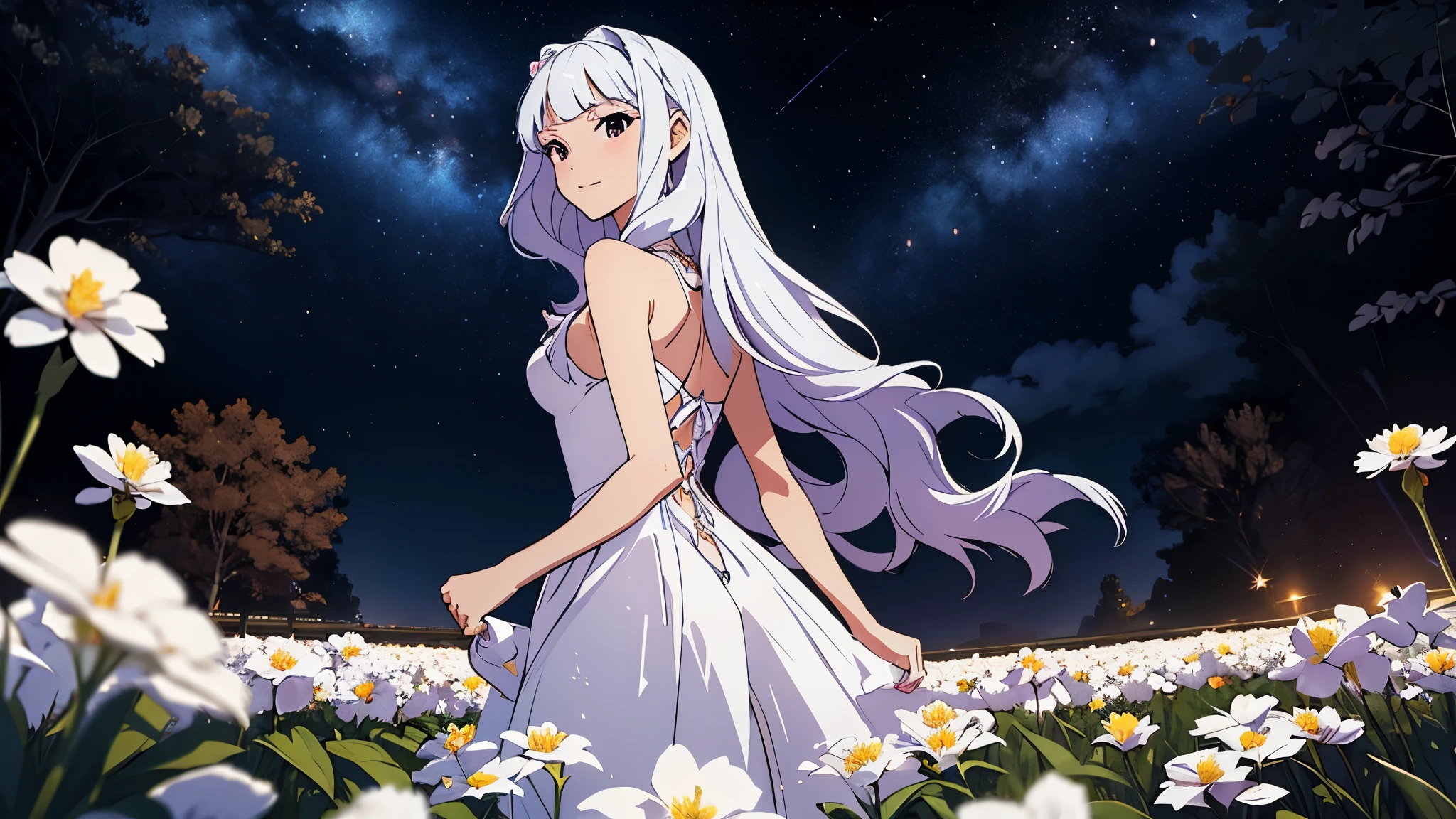 CG, unity, 8k, wallpaper, highest quality, masterpiece, best lighting, complex textile, detailed background, Spectacular starry sky with the Milky Way visible, nebula, night, Effect of dancing petals, vast flower garden, quiet flower garden, nothing artificial, (white flowers: 1.5), BREAK, beautiful woman, long white hair, white skin, BREAK, sleeveless dress, Rear view looking up at the sky, a little far away, beautiful