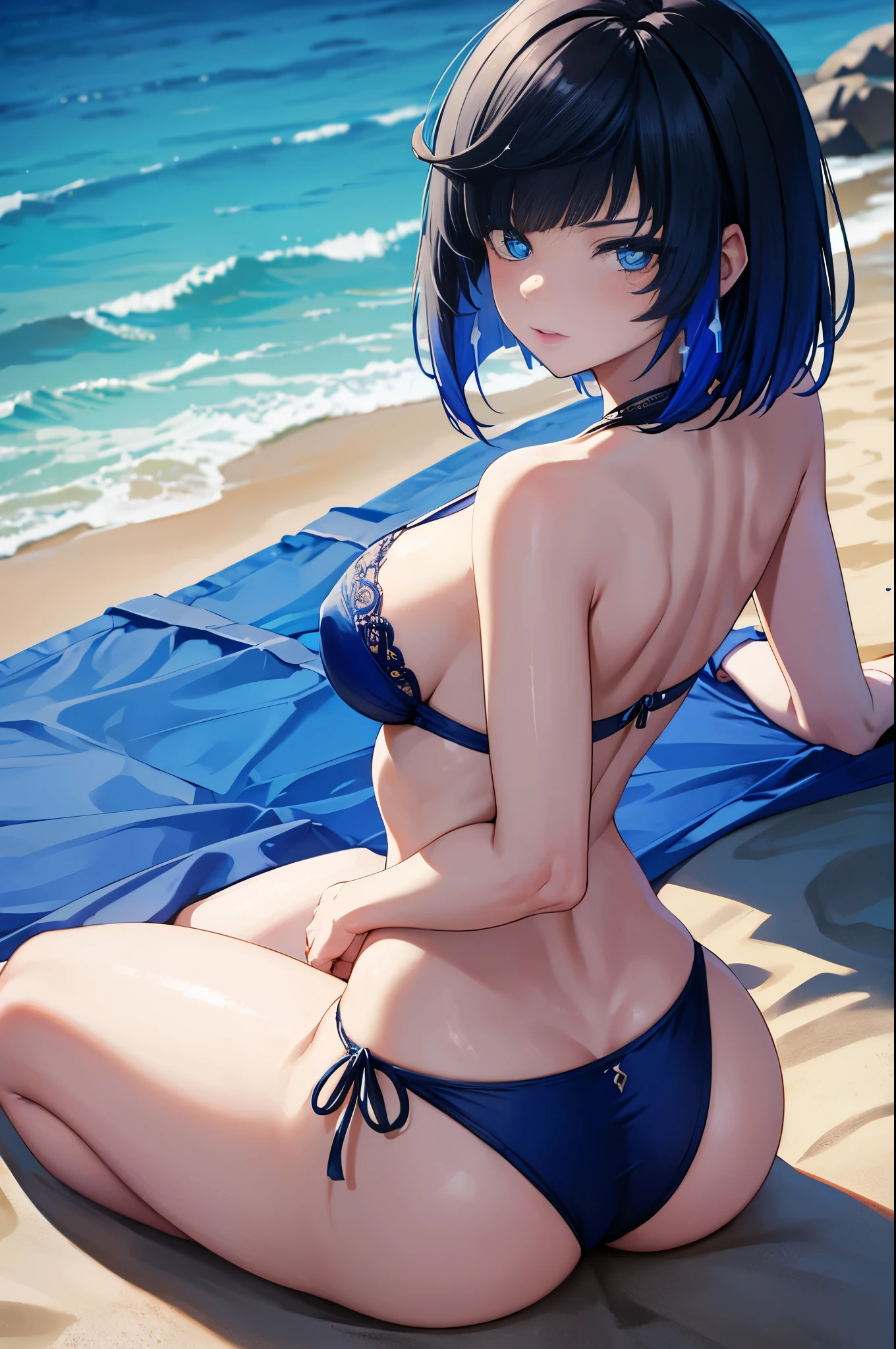 YelanV4, (Yelan lying on stomach), on beach, blue lingerie, back view, looking back, (detailed face), blue eyes, (detailed eyes), symmetric eyes, facial details, atheletic back, stiff shoulders, slim waist, HD, 8K, vivid colors, intricate, sunny day, sand, blue sky, g-string thong, ass close-up,