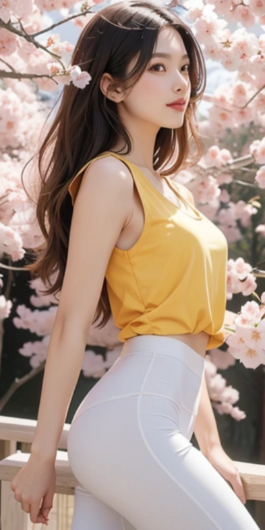 ((whole body)), ((from the side)), ((run through the park)), ((realistic)), 1 girl, looking at viewer, detailed scene, straight hair, air bang, beautiful hair accessories, brownish yellow hair, ((tank top, sleeveless, big bust)), (Campus Style), warm lighting, warm color palette, More details, very detailed, (masterpiece, best quality), (Very detailed and beautiful work), simple blurred background, extreme detail description, Ultra-fine painting, delicate face, slim body, (smile, tooth exposure), (anatomy correct), Cherry Blossom, thin waist, Long, slender legs, bright leggings, slightly see-through