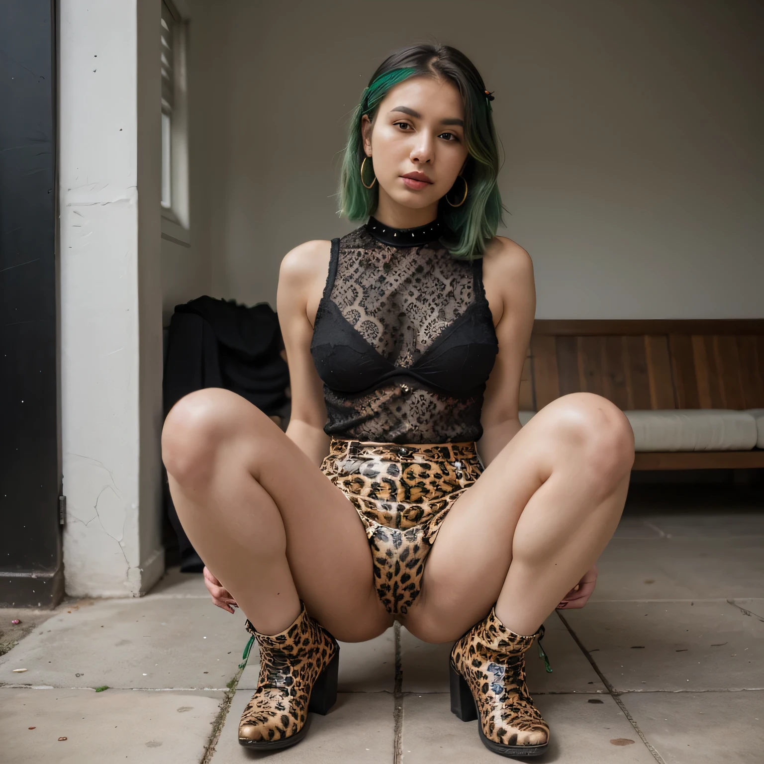 1girls, Nur, green Hair , 24 years old , Leopard print mini skirt, black lace bodysuit, studded ankle boots, hoop earrings