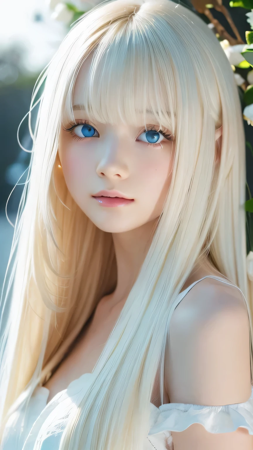 A very beautiful albino girl、Windy blonde hair clinging to a very beautiful face、Beautiful bright pale sky blue eyes hidden in hair、white glossy skin、Beautiful super long shiny silky super long blonde hair、beautiful bangs、sexy 18 year old very beautiful woman、unparalleled beauty、cheek gloss、beautiful skin、small face beauty、eyeliner、hair over eyes、hair over one eye、hair between eyes、