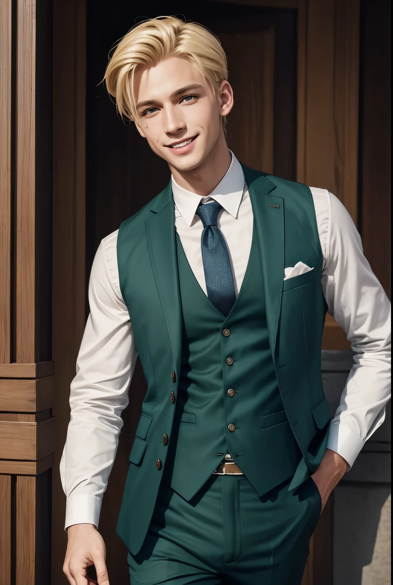 Drawing, portrait, realistic fantasy, high detail, clarity, 8kk, a guy of 26 years old, blonde hair, a charming smile, a cheerful look, hair, a short haircut, hair sticking out on his head in different directions, a piercing look, a dark green eye twist, smiling, wearing a three-piece suit (jacket, trousers and vest) with two buttons and a shirt without a tie;