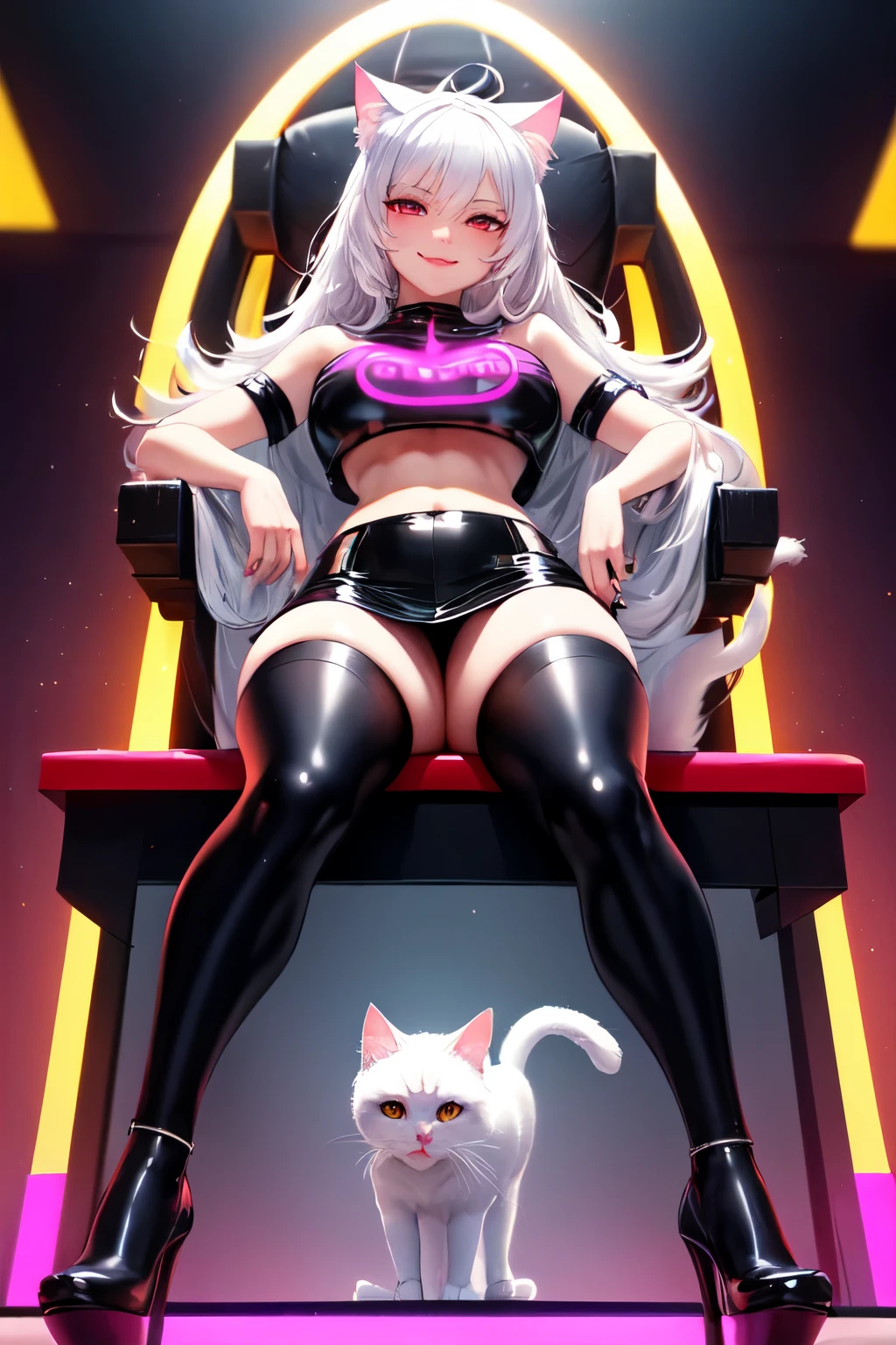 (best quality)), ((masterpiece)), (detailed), perfect face, white hair, white cat ears, white cat tail, DD cup breasts, thick thighs, crazy love eyes, glowing red eyes, smirking, short latex black crop top, black latex short skirt, latex purple stockings, heels, neon lights, holding money, sitting on a throne, view from below