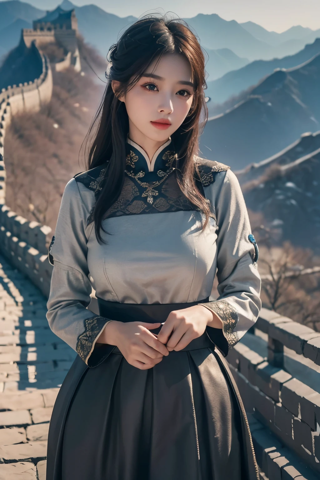 1 girl, on the Great Wall of China,Telegraph slang, Exquisite eyes,beautiful and delicate lips,very detailed 눈과 얼굴,long eyelashes, enchanted scenery,(best quality,4K,8 thousand,high resolution,masterpiece:1.2),very detailed,(realistic,realistic,realistic:1.37), sexy dress, skirt