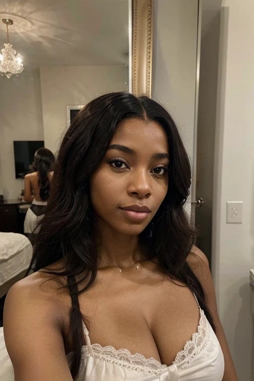 Une photo de corps tout entiers une femme afro-américaine, Very beautiful and elegant femme afro-américaine, Les 19 ans,55 kg, sexy, Cheveux noir de jais, couleur de cheveux noirs, cheveux parfaits, Strands of fine hair, Facial detail, she takes a selfie photo with iphone 14 phone in bedroom facing the mirror