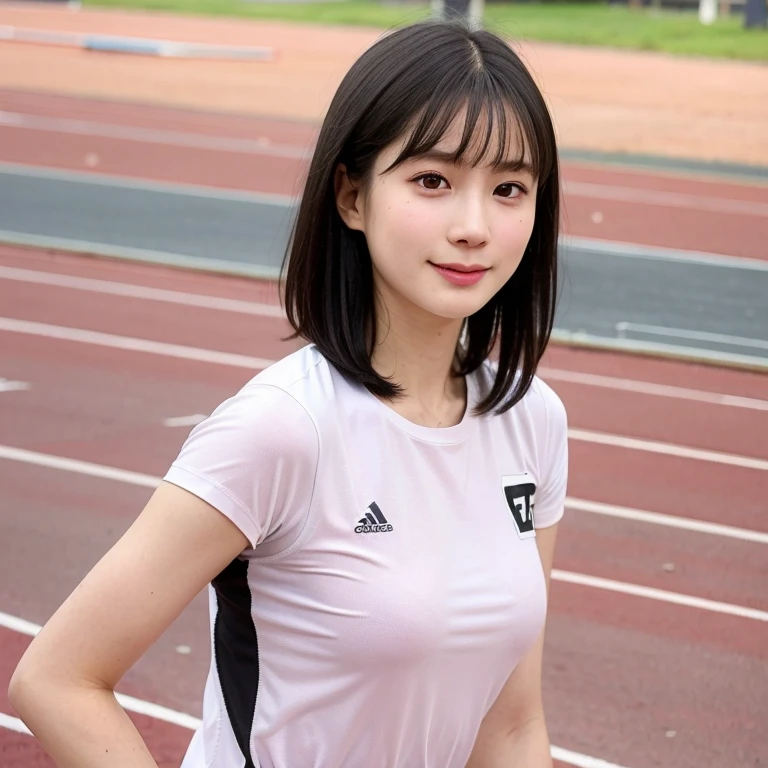(kawaii 24 year-old Japanese girl, perfect athlete body, Nogizaka idol, Korean idol), (glossy black hair, pixie cut, very short hair, messy hair, wavy hair:1.3), (bangs), (rounded face, single eyelid, no makeup, soft smiling:1.2), (wearing training t-shirts:1.3), flat chest, (looking at viewer:1.2), BREAK, (track and field background:1.3), (dynamic angle:1.3), BREAK, (masterpiece, best quality, photo realistic, official art:1.4), (UHD, 8K quality wallpaper, high resolution, raw photo, film grain, golden ratio:1.2), (shiny skin), professional lighting, physically based rendering, award winning, (perfect anatomy, highly detailed skin textures, extremely detailed face and eyes, well drawn glittering pupils), Carl Zeiss 85 mm F/1.4, depth of field, 1girl, solo,