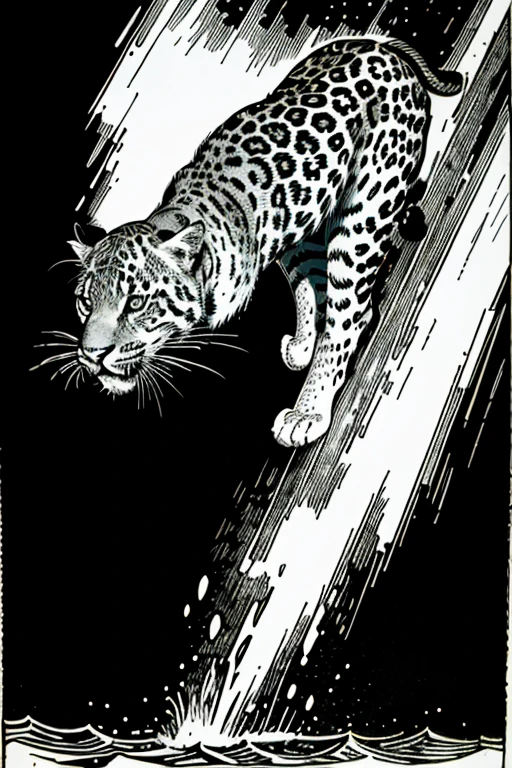 woodcut of jaguar jumping sideways woodcut style in black and white