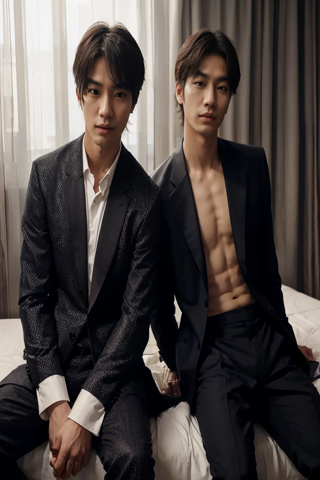 Two Asian men in suits sitting on a bed in a hotel room, para gq, kim taejin, muchachos guapos, artista coreano, gunwoo kim y j.dickensson, bts, Mellizos, yaoi, por Yang J., fanart oficial, imagen filtrada, suave en _ el fondo, dos hombres, alessio albi y shin jeongho, k-pop