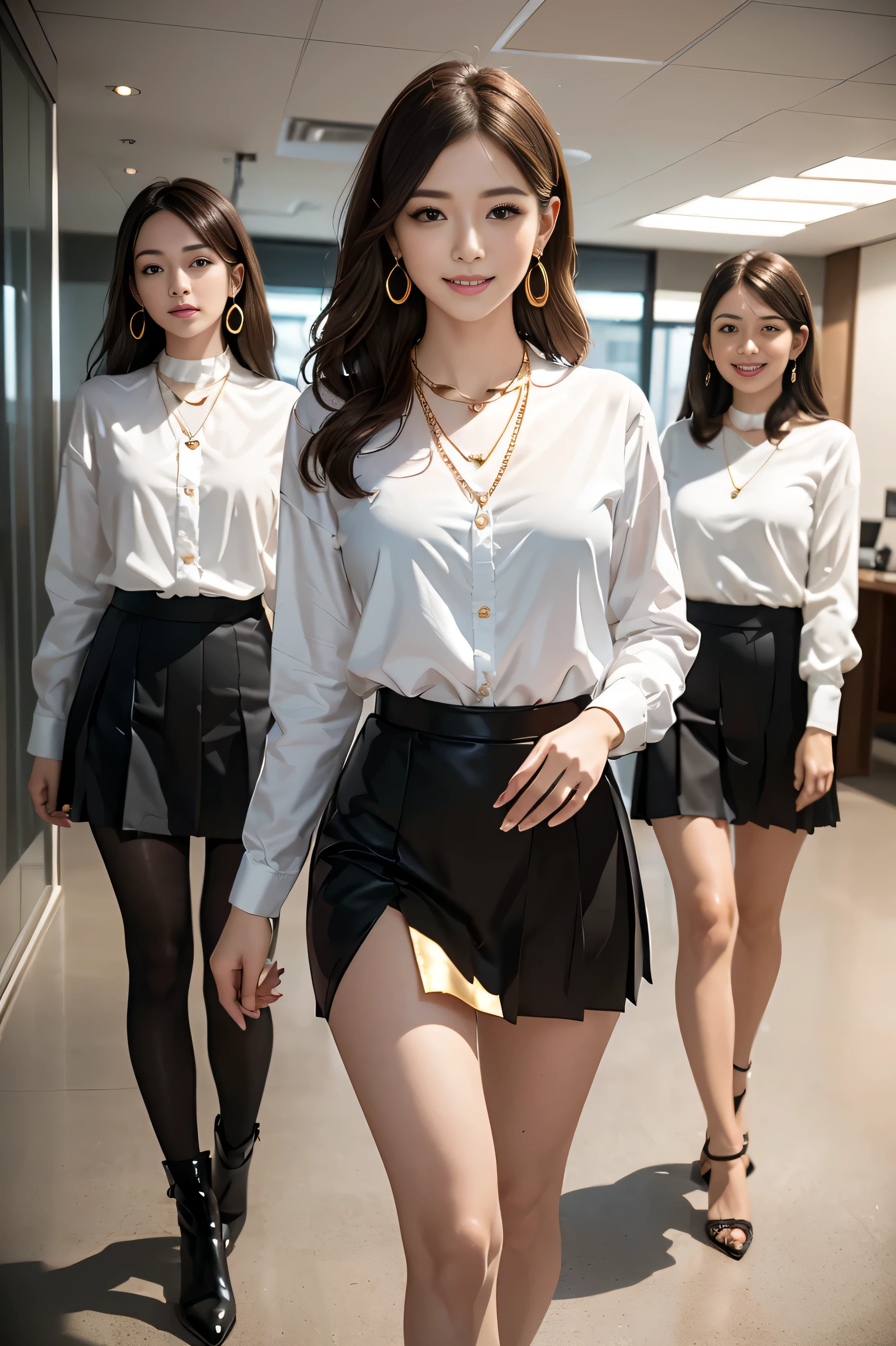 (masterpiece:1.3), high resolution, ultra detailed, extremely detailed CG unity 8k wallpaper, realistic, photo-realistic, RAW photo,beautiful detailed face, pale skin, realistic glistening skin, detailed cloth texture, detailed hair texture, Perfect body, Beautiful Face, accurate, Anatomically correct, Highly detailed face and skin texture, natural neck length, (beautiful hands), (fair skin:1.2), Thin legs, Thin feet, Detailed eyes, symmetric eyes, Light Brown eyes, Double eyelids, Thin eyebrows, (Glossy lips:1.4), ((gently smile:1.2)), (blush:1.1),(highest quality, masterpiece, photo-realistic, super detailed, ultra high resolution, born:1.3), (3 girls:1.6), beautiful, Japanese, mature, 28yo, Office workers, (smile), (bangs), (((Strongly blurred beautiful office corridor background:1.1)、The most natural and perfect office hallway、perfectly organized hallway、), (long legs, high heels, full body:1.2), (big breasts:1.3), (crowd)((white long sleeve button up blouse_with collar_Remove up to the second button_brown pleated mini skirt:1.3)),((Super long brown hair:1.2))((Hair with loose waves inside:1.2)),((shy smile:1.3)),((gold necklace_Large earrings:1.2))((Cute sagging eyes:1.3))