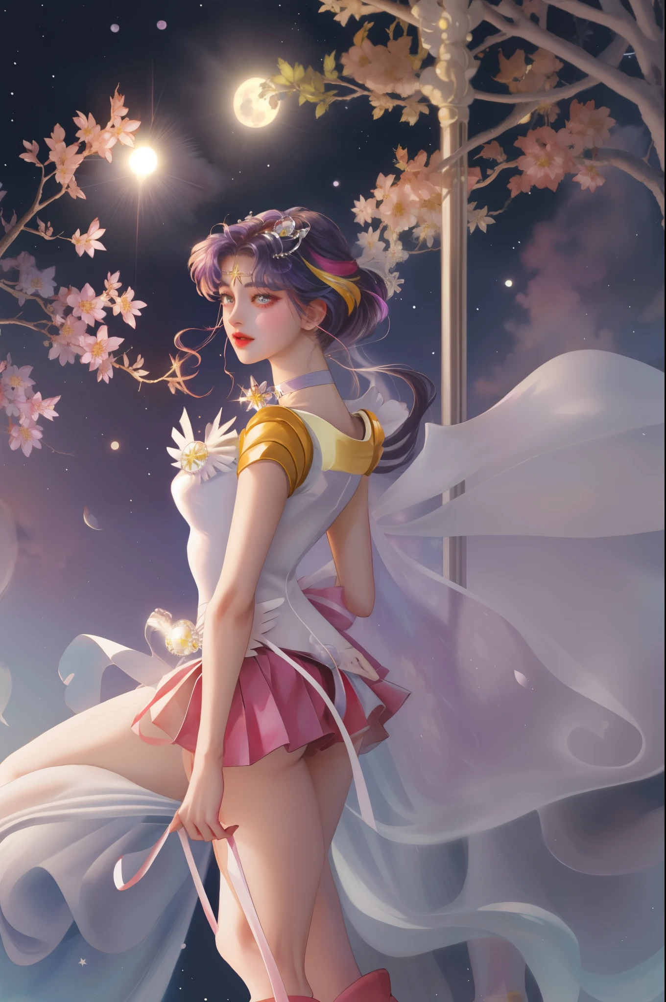 masterpiece, best quality, (1girl), supersailormoon, detailed face, happy, face focus, cowboy shot, nigh sky, moonlight, moon, sakura trees, city at night, white gloves, detailed eyes, detailed face, galaxy background, detailed background, multicolored clothes, sailor senshi uniform, multicolored skirt, hair ornament, red bow, brooch, heart brooch, earrings, crescent, heart choker, heart, miniskirt, very long hair, back bow, crescent earrings, tiara, yellow choker, boots, knee boots, red footwear
